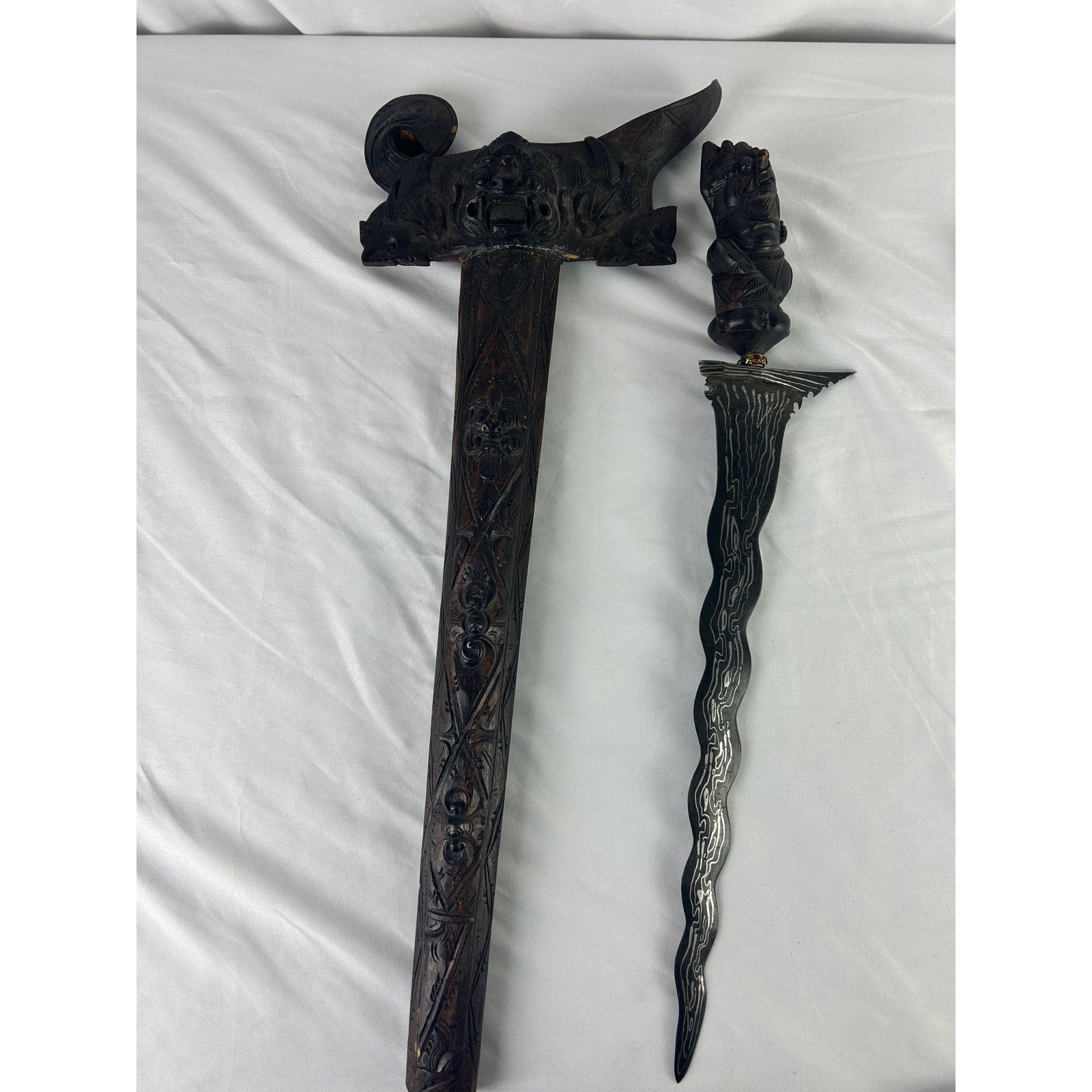 Lot 3 Indonesian Style Kris Keris Daggers Wood Sheaths Display Set