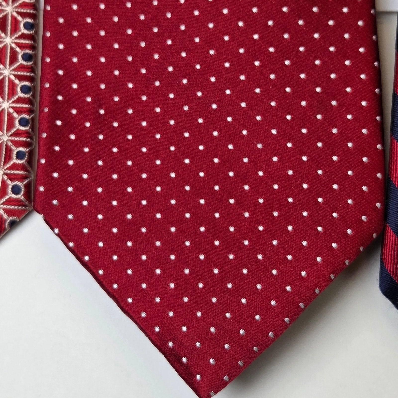 Tommy Hilfiger Red Silk Tie Lot 4 USA Striped Polka Dot Geometric Contrast Tips