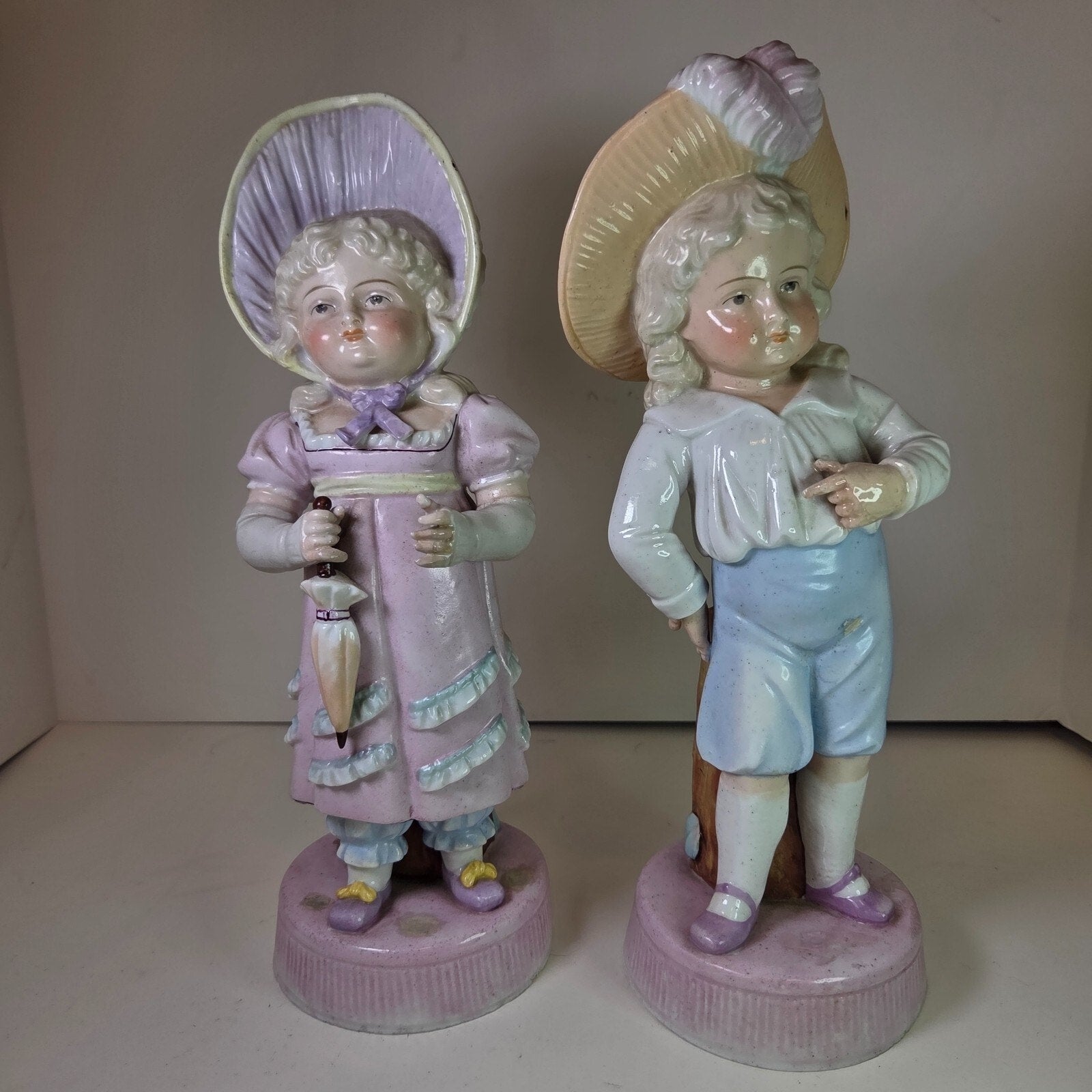 Vintage Bisque Boy & Girl Umbrella Figurines Porcelain 10-11" Pair Collectible