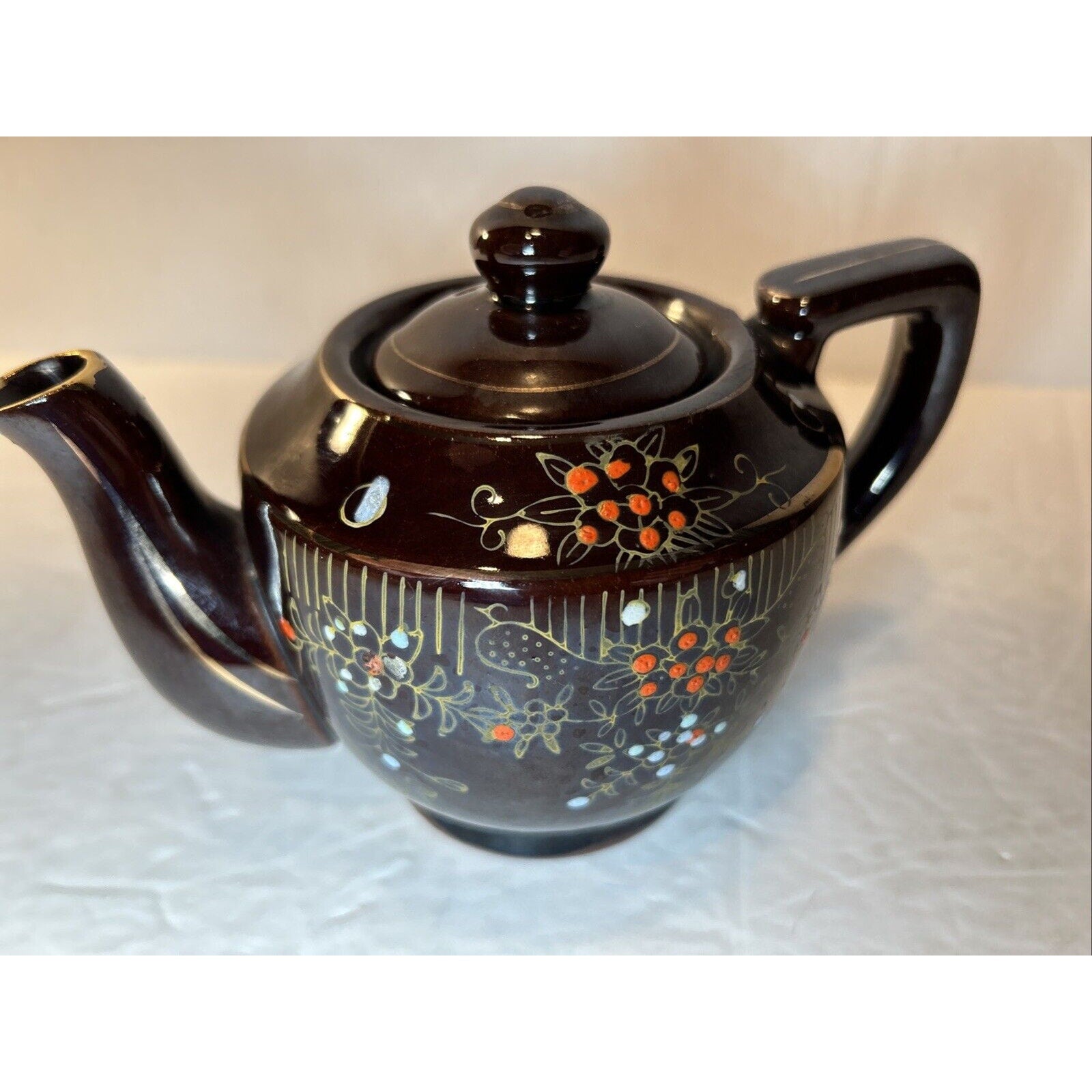 Vintage Japan Brown Ceramic Teapots with Lids – Hand Painted Floral Gold Accents