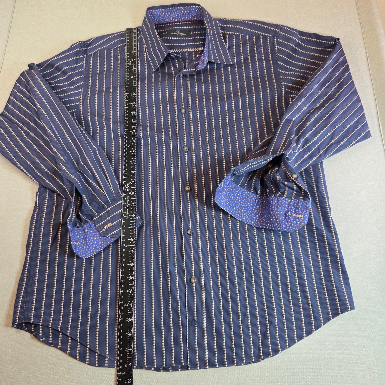 Bugatchi Uomo XL Stripe Button Down Shirt Blue Contrast Cuff Cotton Dress