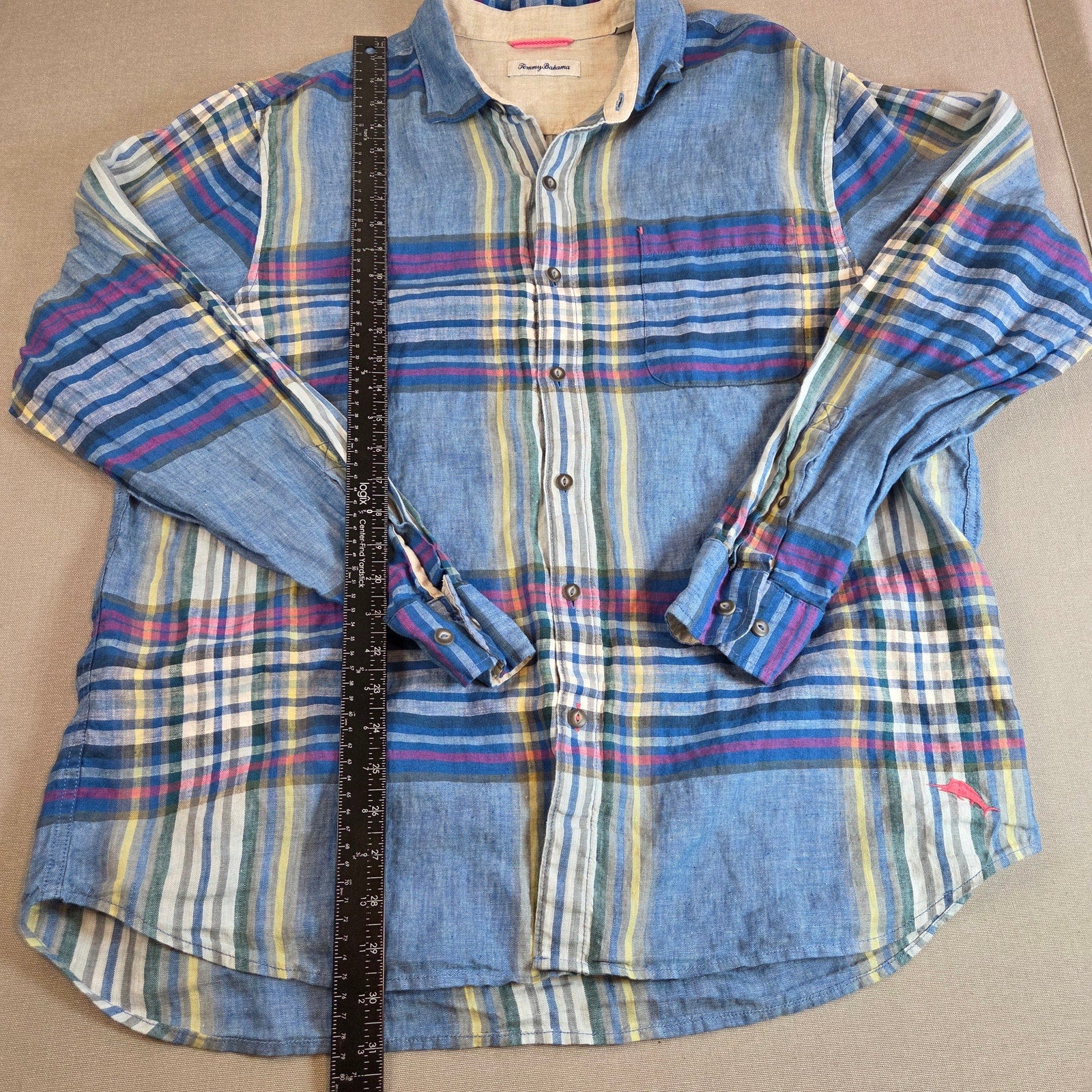 Tommy Bahama Linen Plaid Shirt XL Blue Button Up Marlin Logo Long Sleeve