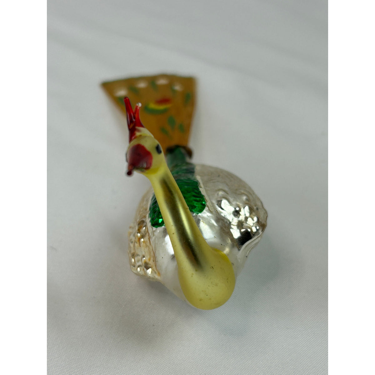 Vintage German Mercury Glass Peacock Bird Ornament Painted Wood Tail 5.5"