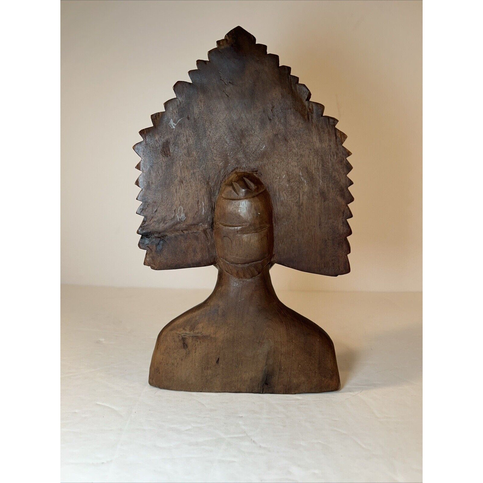 Balinese Hand-Carved Wood Bust Pair | Male & Female Headdress Statues 9-in