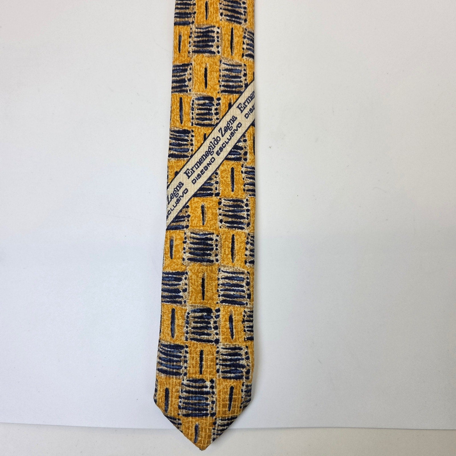 Ermenegildo Zegna Silk Tie Gold Navy Geometric 4" Italy