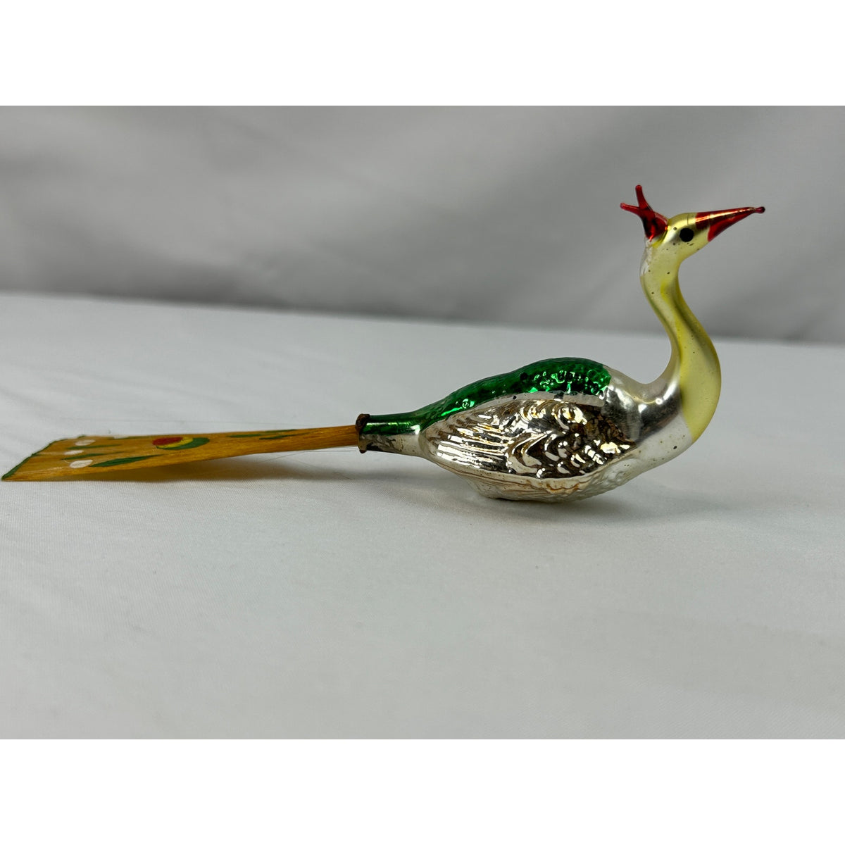 Vintage German Mercury Glass Peacock Bird Ornament Painted Wood Tail 5.5"