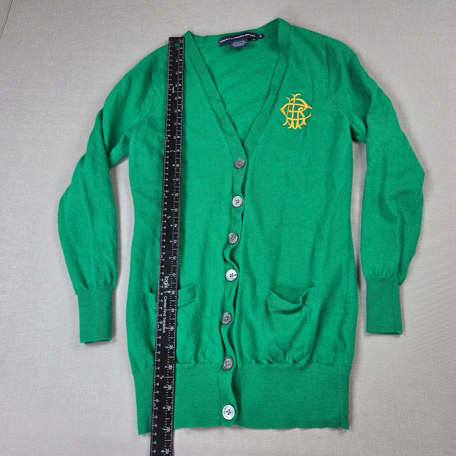 Ralph Lauren Sport Merino Wool Crest Cardigan Sweater Women's M Green V Neck