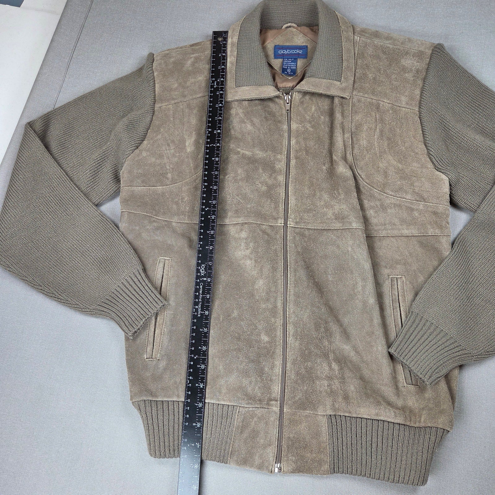 Claybrooke Cow Split Leather Knit Full Zip Sweater Jacket Men's XL Korea Vintage
