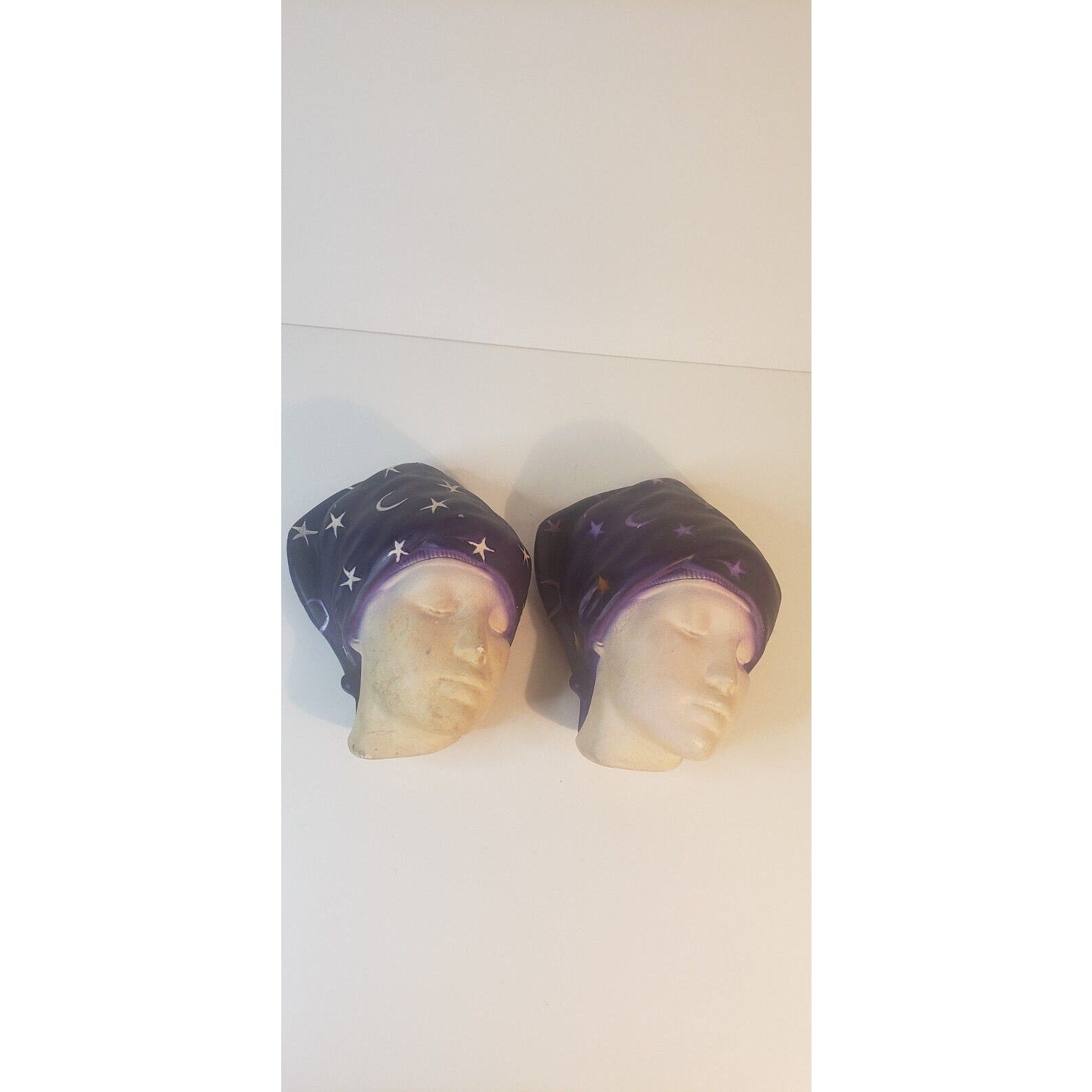 Pair Vintage Chalkware Wall Busts – Women w/ Purple Star Headwraps