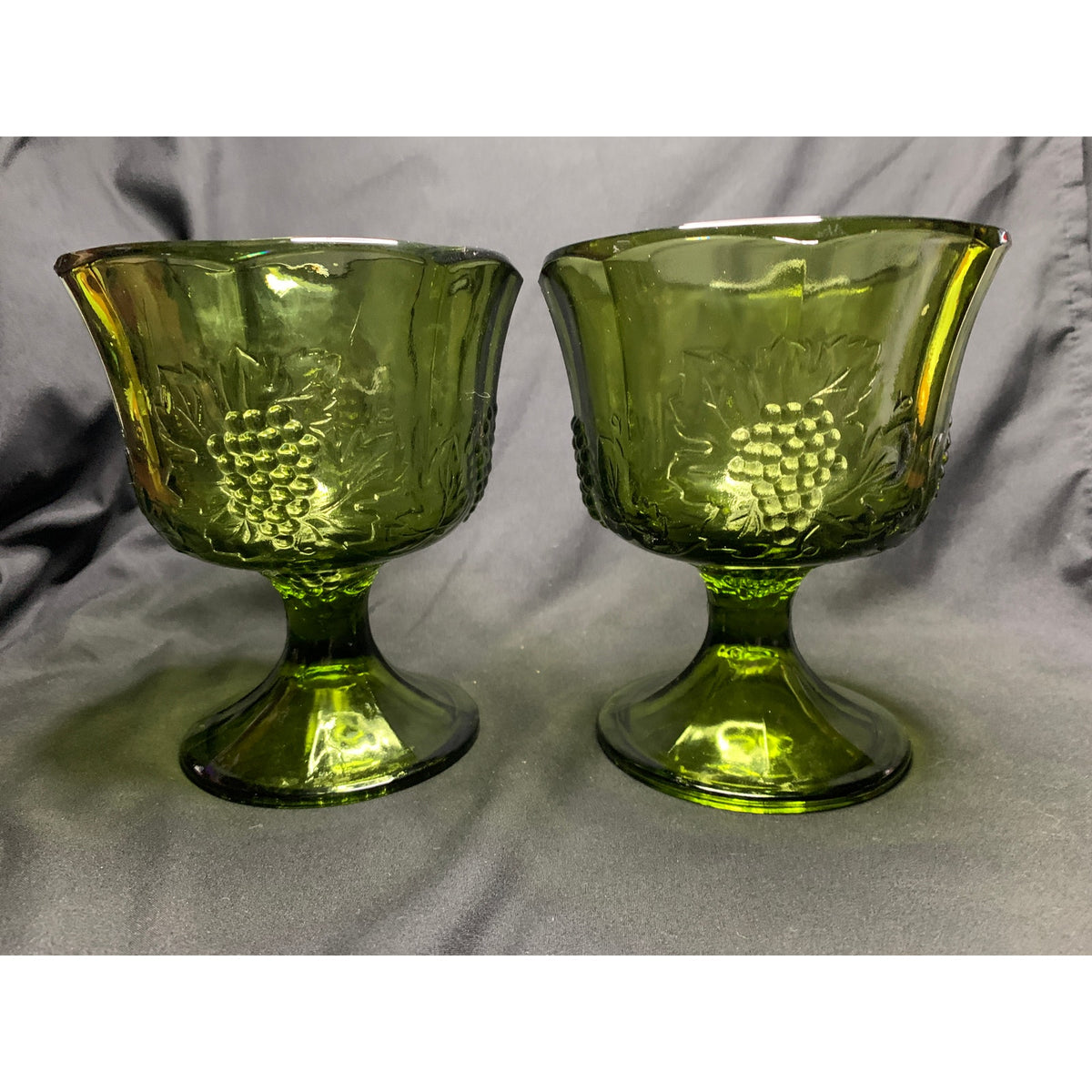 Vintage Indiana Glass Harvest Grape Olive Green Footed Sherbet Bowls Set 2