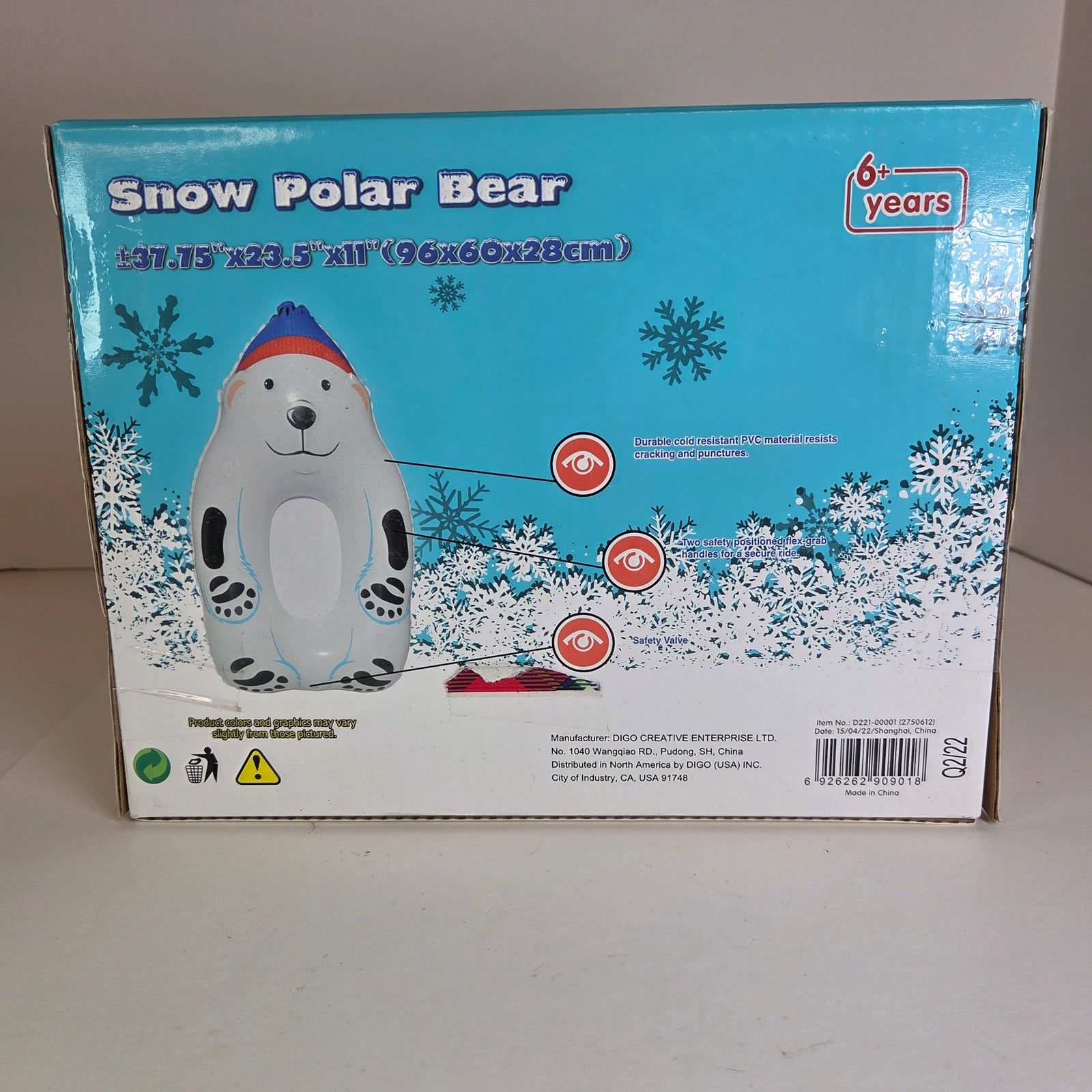 Snow Zone Snow Polar Bear Inflatable Snow Tube Sled 40" Kids Ages 6+ New Boxed