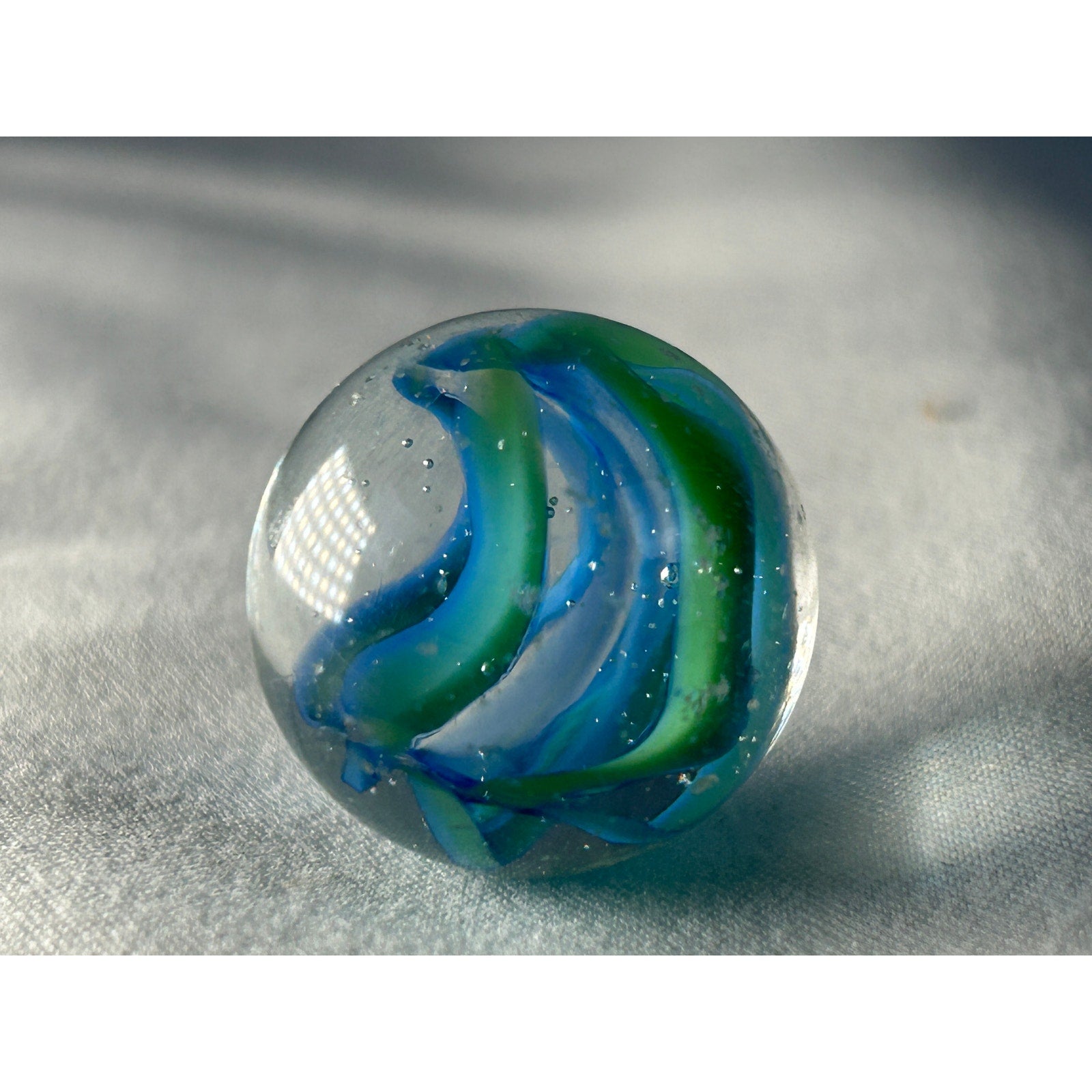 Blue Green Ribbon Art Glass Marble Handmade Style Swirl 0.7 Inch