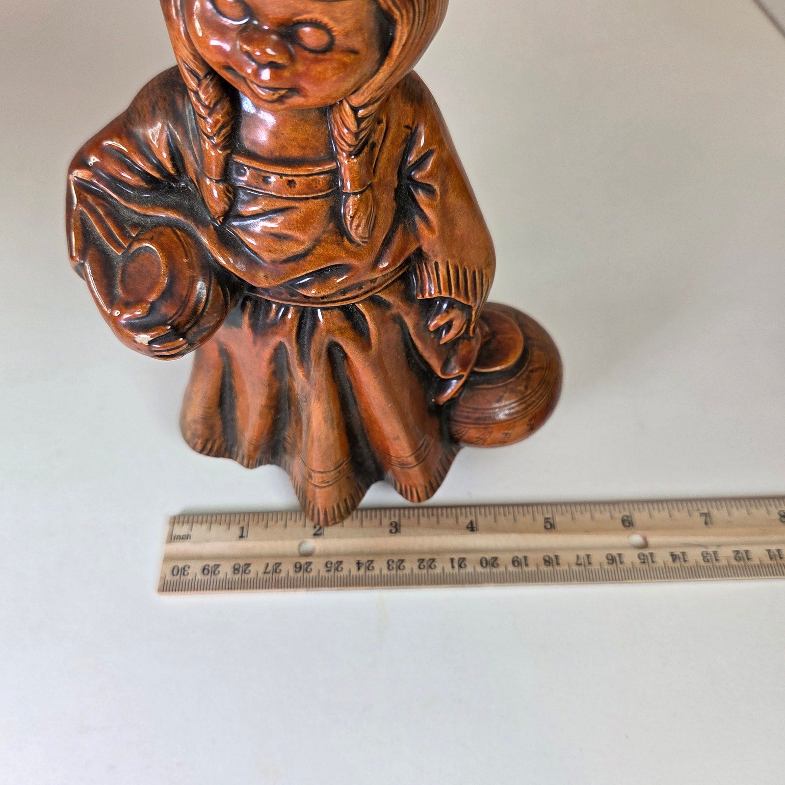 Vintage Ceramic Figurine Native American Girl Holding Pottery Brown Glaze 7.75"