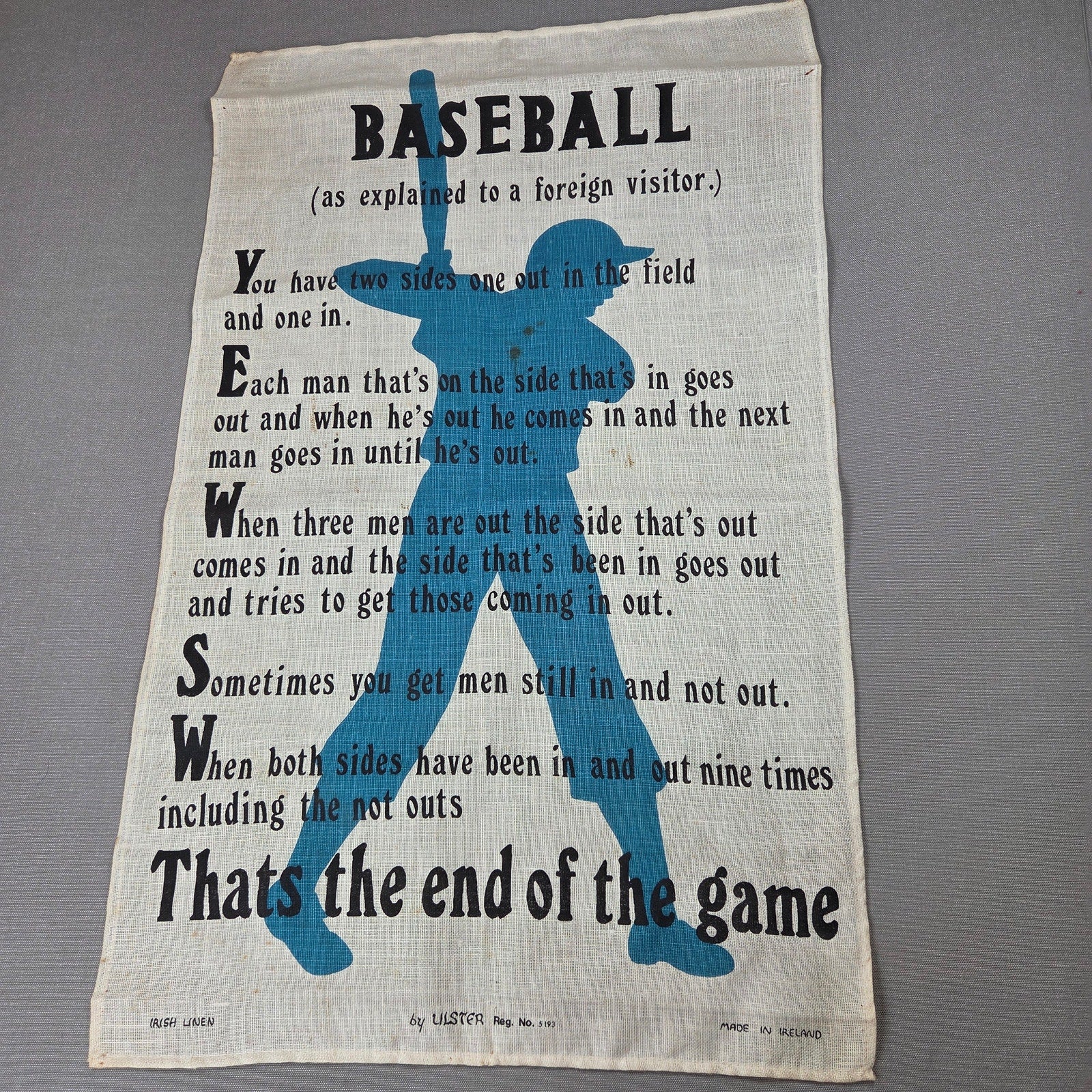 Ulster Irish Linen Baseball Explained Foreign Visitor Tea Towel Ireland Vintage