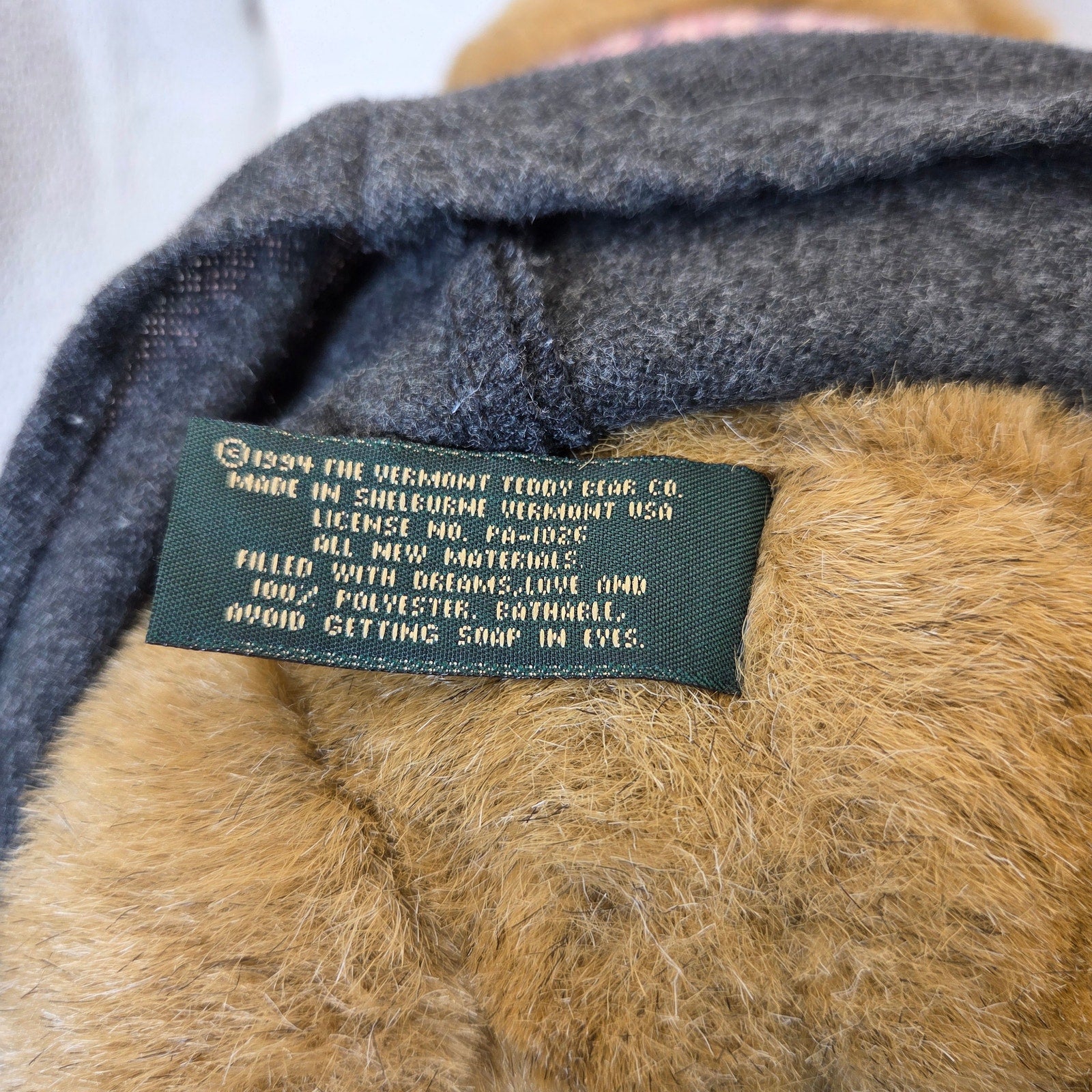 Vermont Teddy Bear Co 1994 Jointed Bear w Pink Plaid Outfit & Purse Made USA