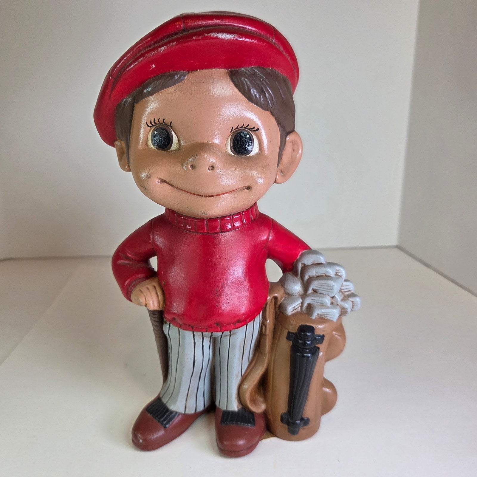 Vintage Monico Ceramics Golfer Boy Figurine Red Cap Golf Bag 1970s 9.75” Tall