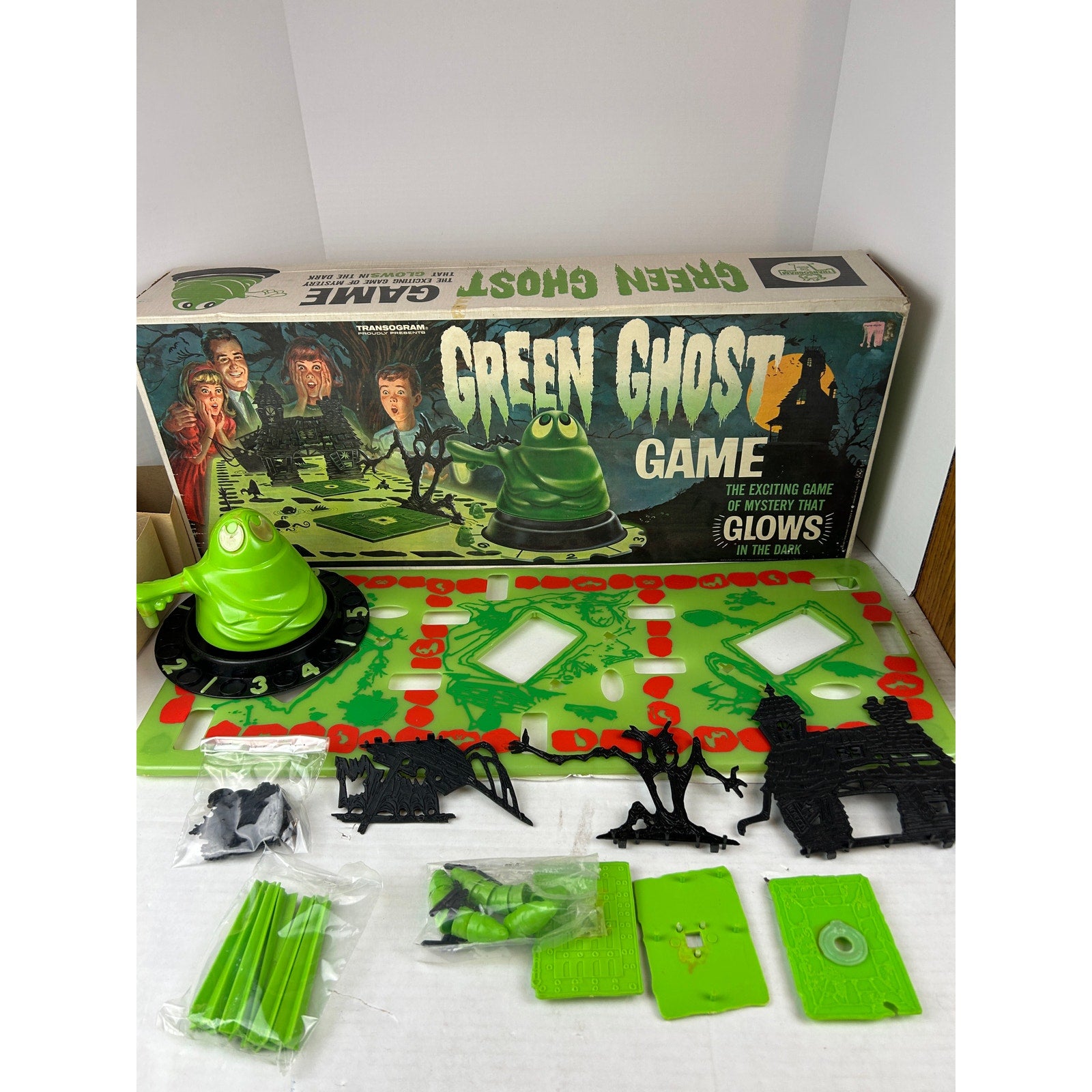1965 Transogram Green Ghost Game Glow in the Dark Board Game incomplete