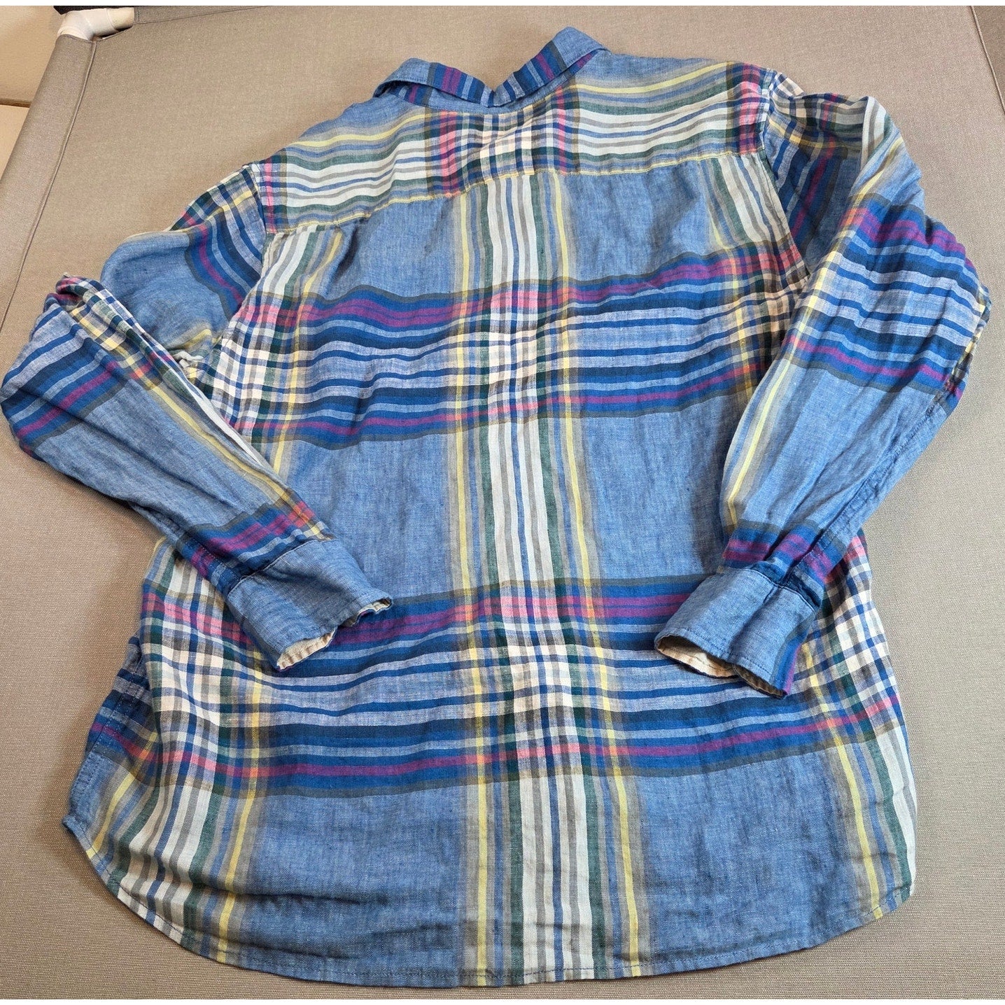 Tommy Bahama Linen Plaid Shirt XL Blue Button Up Marlin Logo Long Sleeve