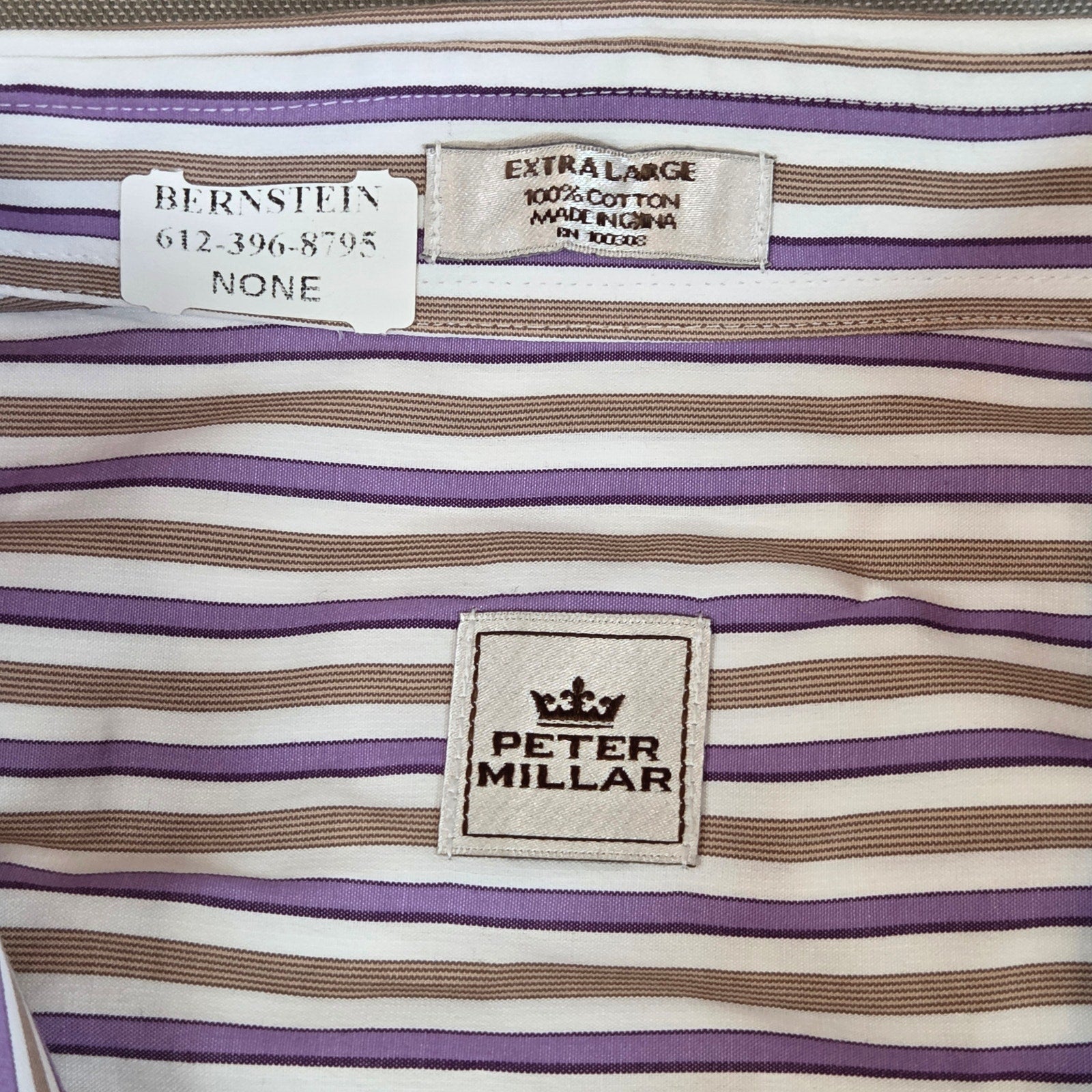 Peter Millar XL Stripe Button Down Shirt Purple Brown Cotton Long Sleeve
