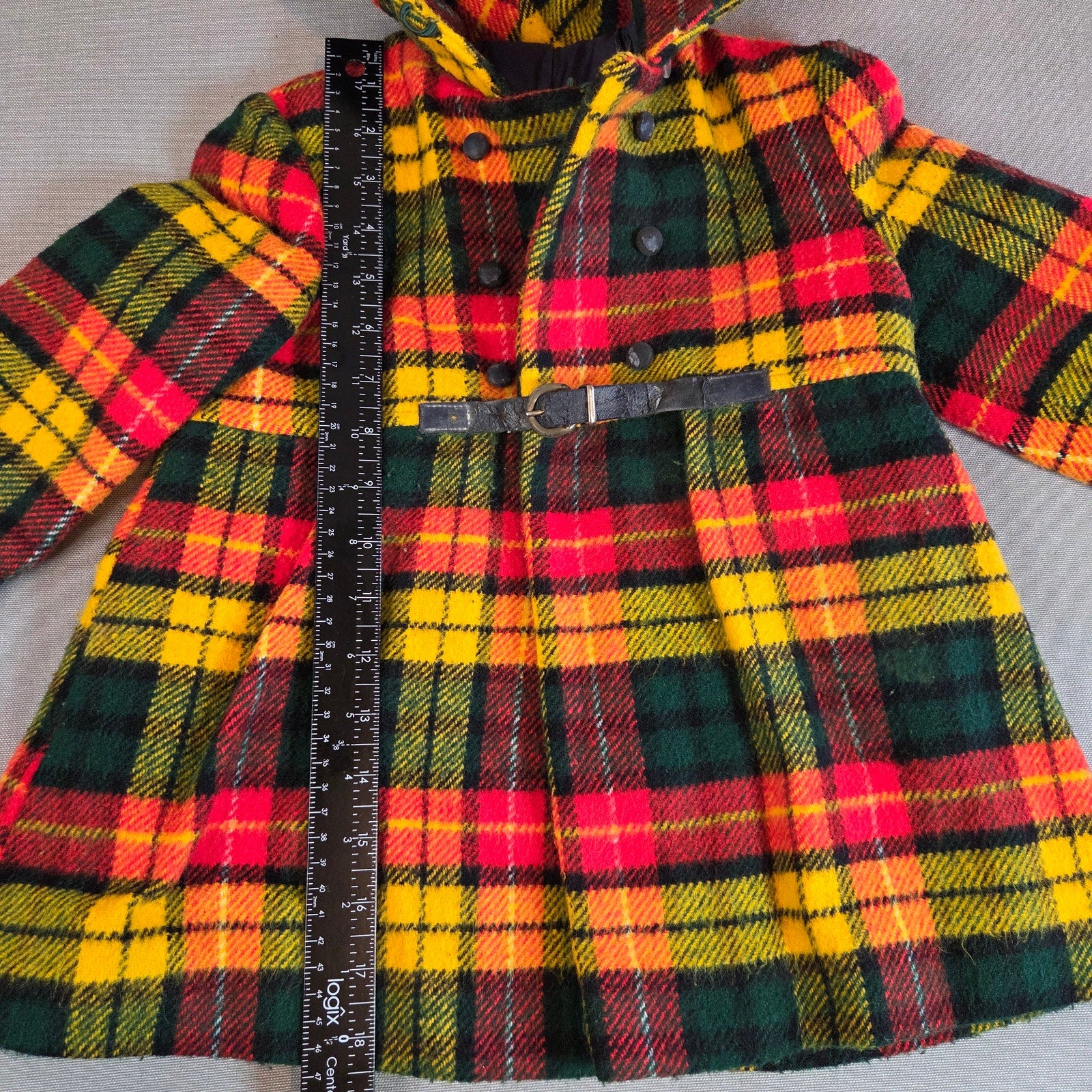 Vintage 60s 70s Girls Hooded Plaid Wool Blend Coat Belted Unbranded