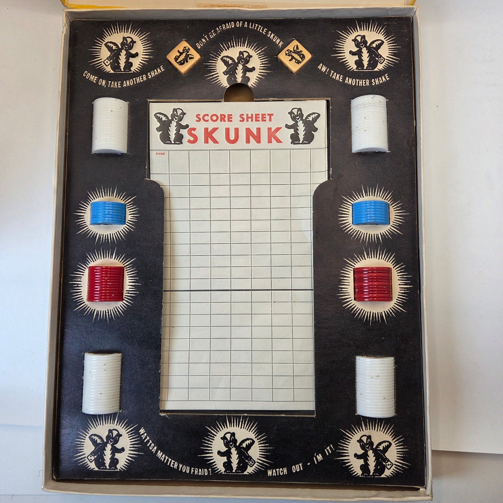 W.H. Schaper Skunk Dice Game 1953 Vintage Complete Set w Chips Dice Box