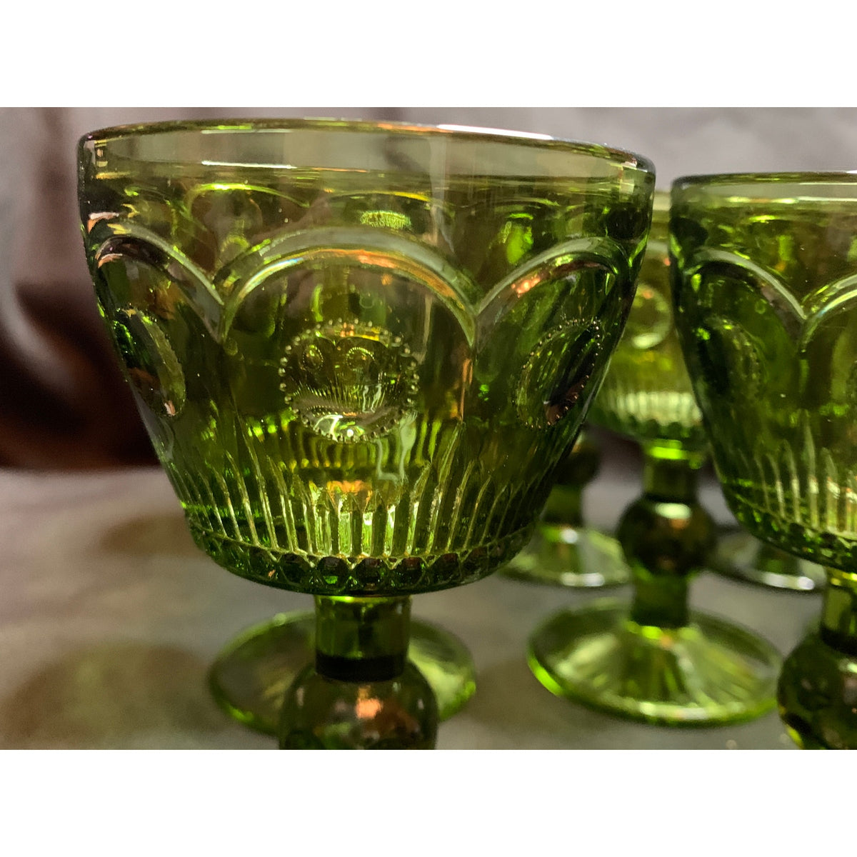 Olive Green Pressed Glass Wine Goblets Ball Stem Rayed Foot Set of 9