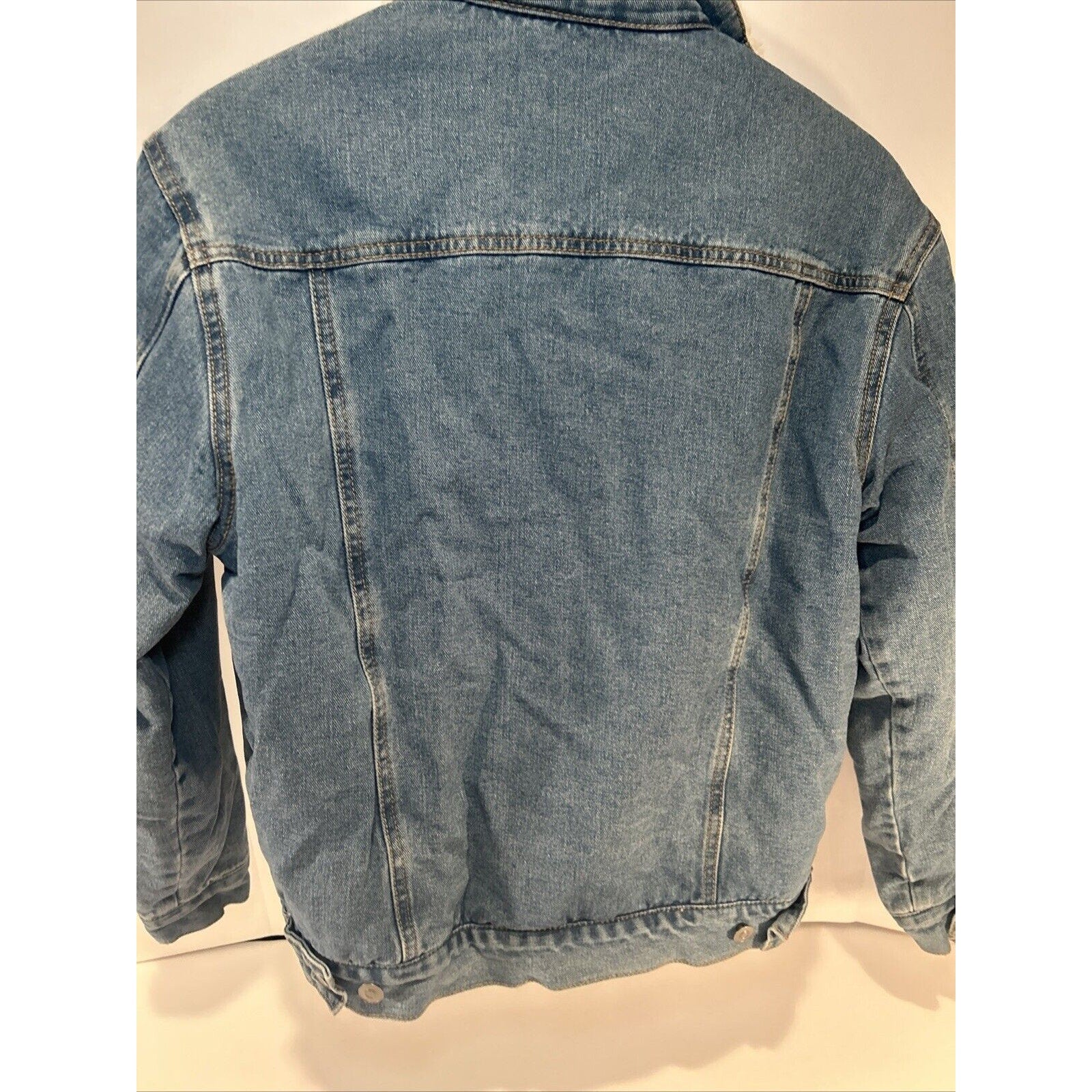 Forever 21 Women’s Sherpa Lined Denim Trucker Jacket Size Small Blue Faux Fur