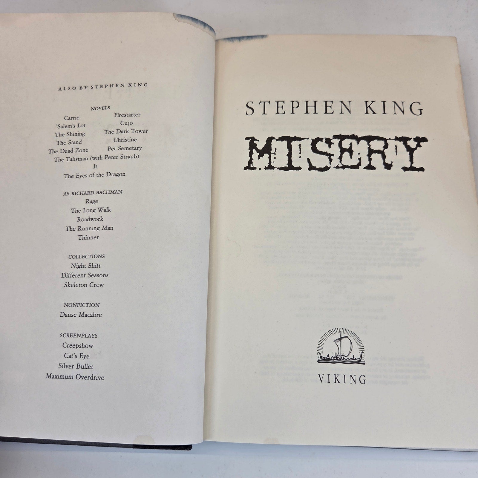 Stephen King Misery 1987 First Edition Hardcover Viking DJ $18.95 Unclipped
