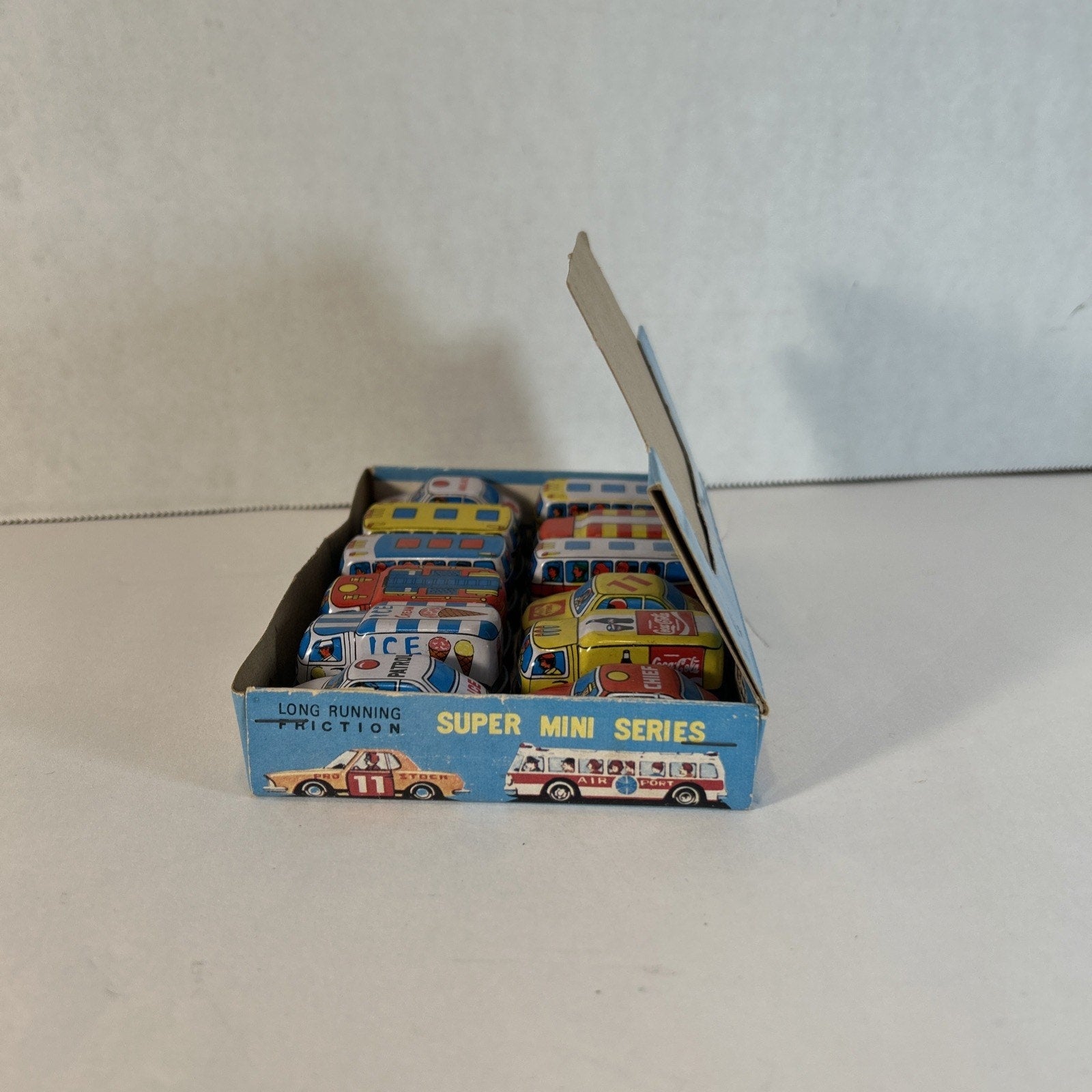 Vintage Tin Litho Friction Super Mini Toy Car Set w/ Display Taiwan 12pc