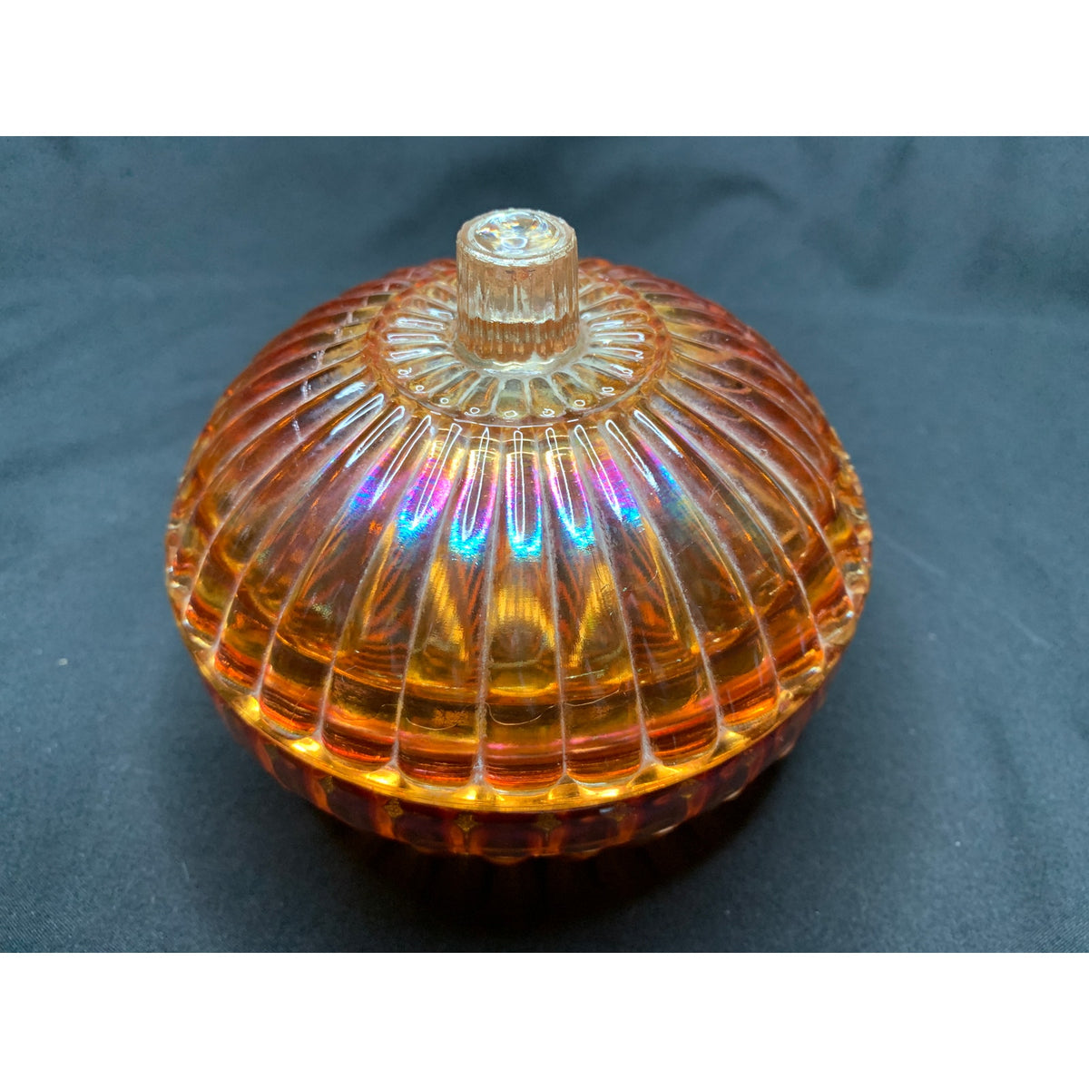 Vintage Marigold Carnival Glass Ribbed Covered Candy Dish Iridescent Amber