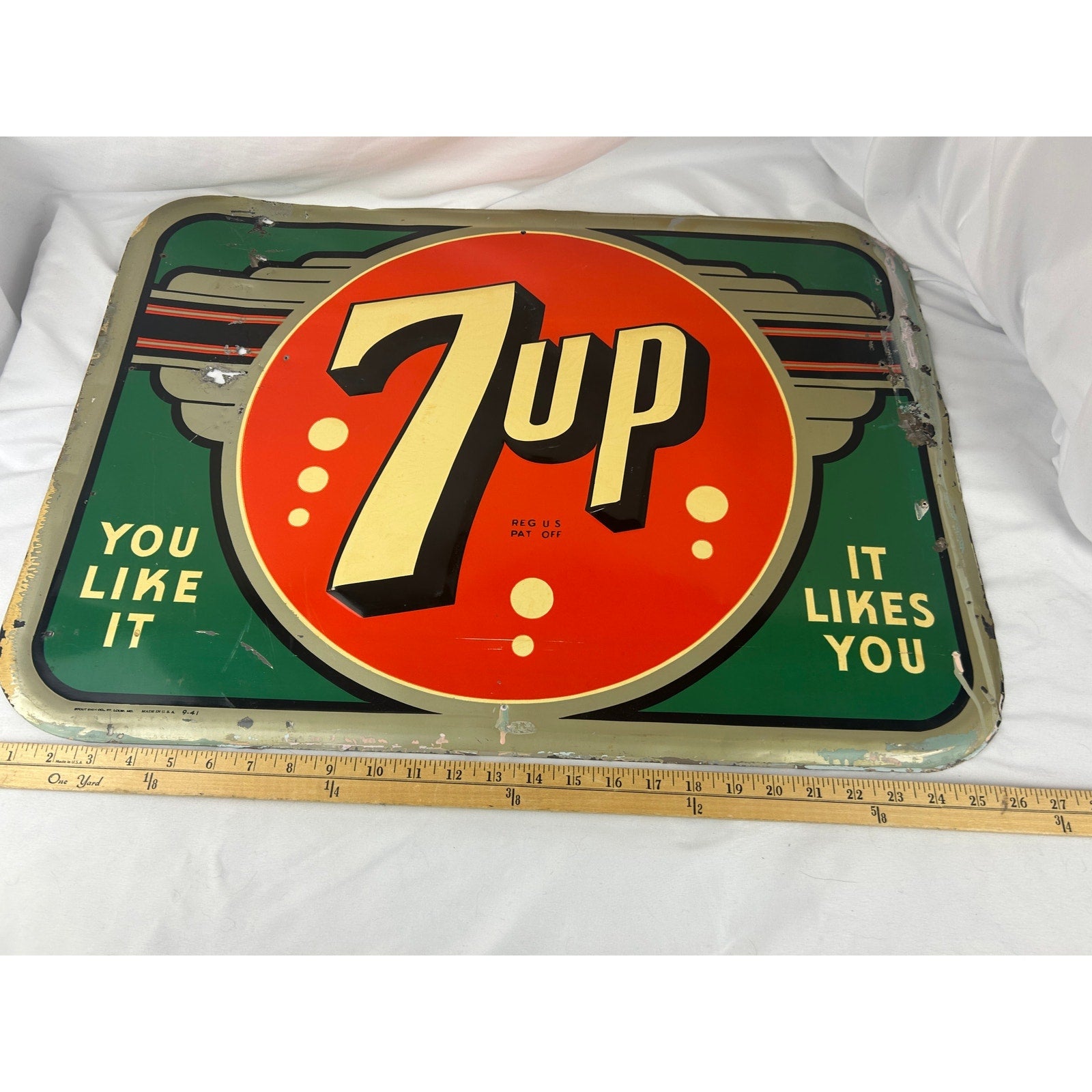 Original 1941 7UP Embossed Metal Sign You Like It It Likes You 9-41 Stout