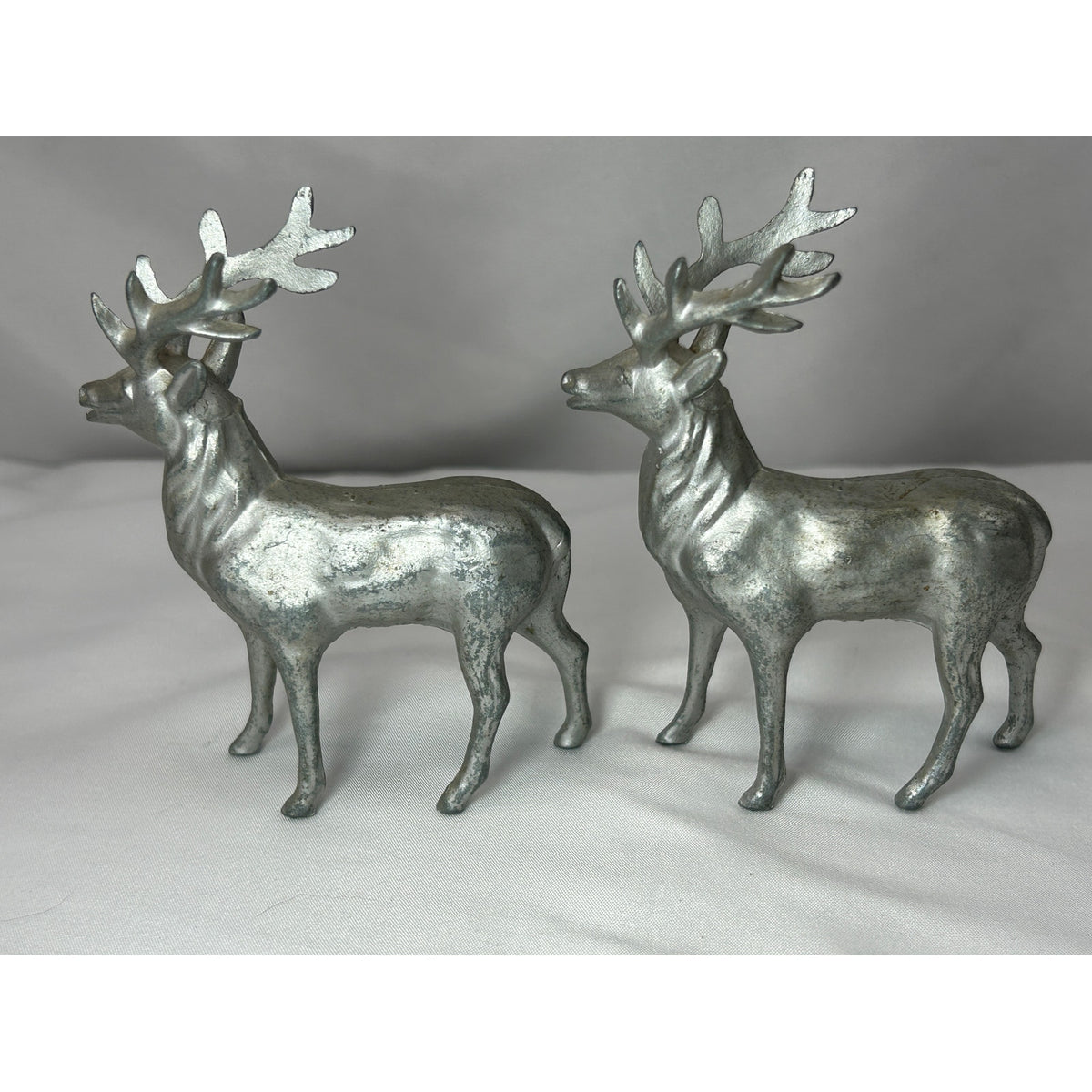 Vintage Cast Metal Reindeer Stag Figurines Pair Silver Christmas Deer 4.5"