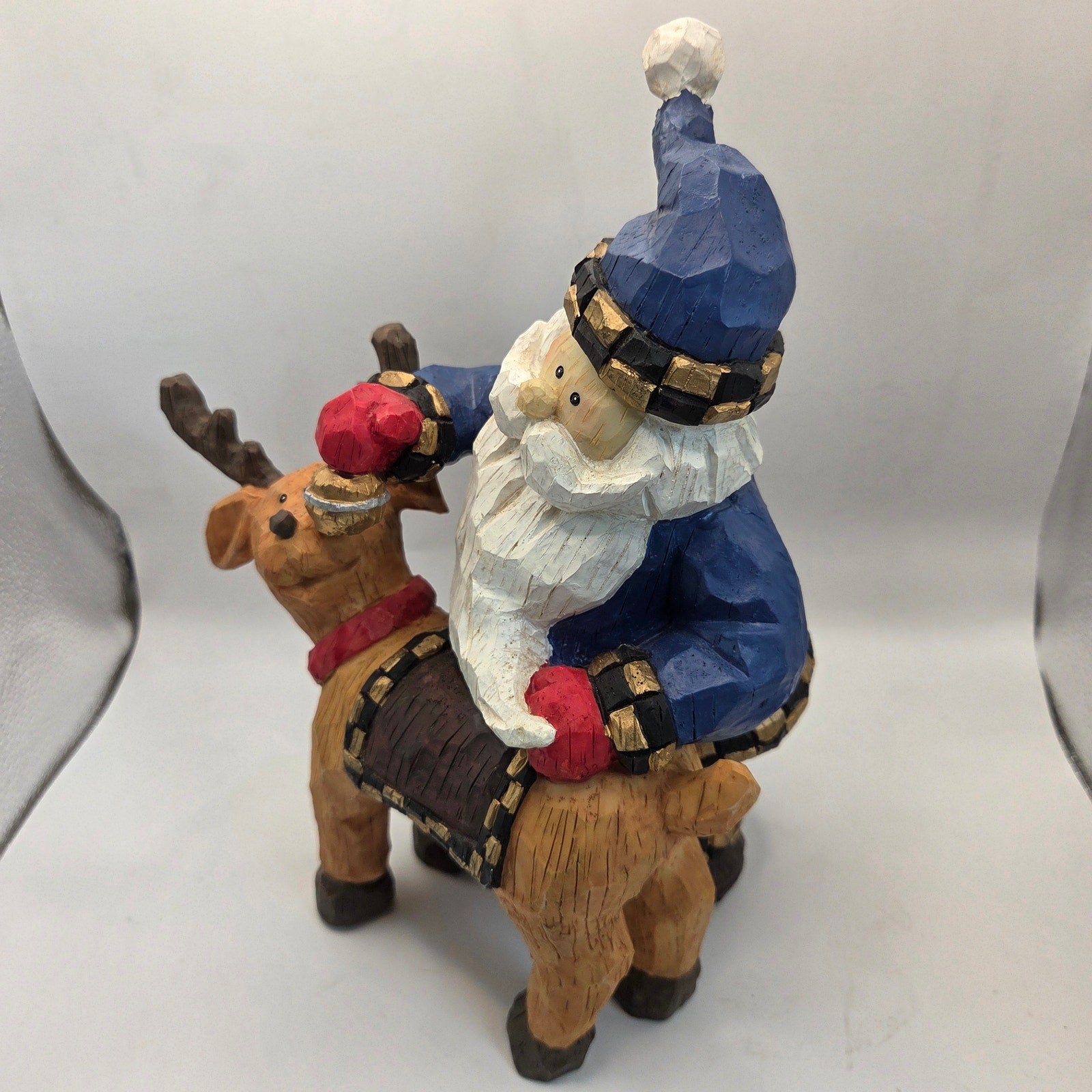Blue Coat Santa Riding Reindeer Figurine Resin Christmas Decor 11”