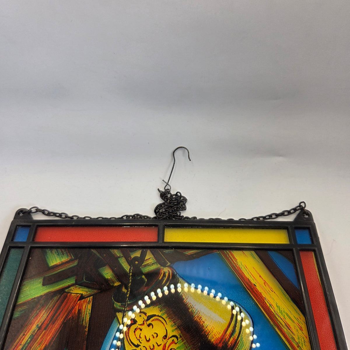 Vintage Faux Stained Glass Christmas Elf Ringing Bell Window Panel Suncatcher
