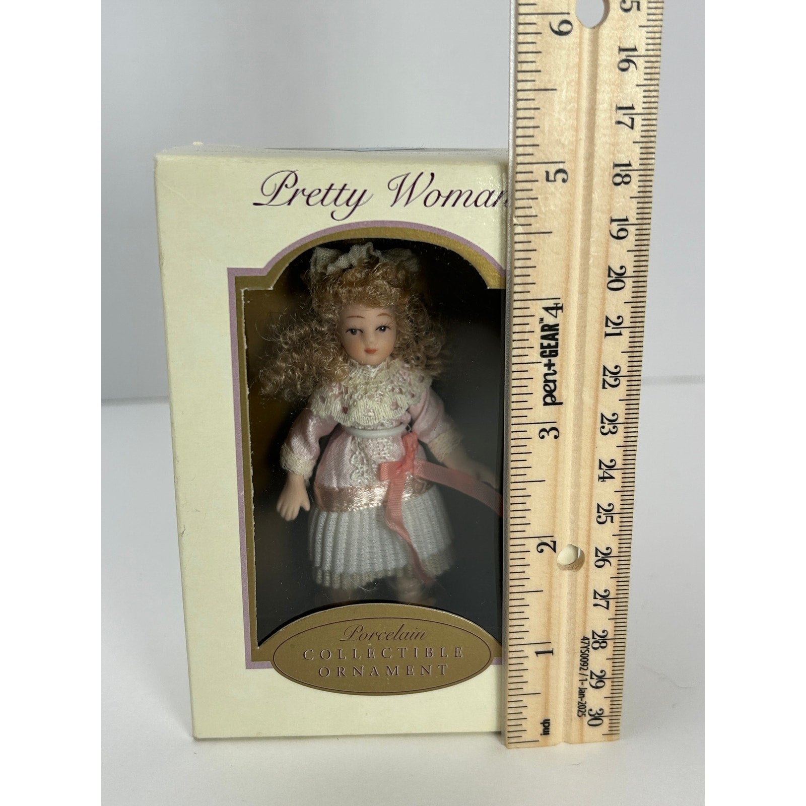 Pretty Woman Porcelain Doll Ornament Light Pink Lace Dress Blonde Curls 2004
