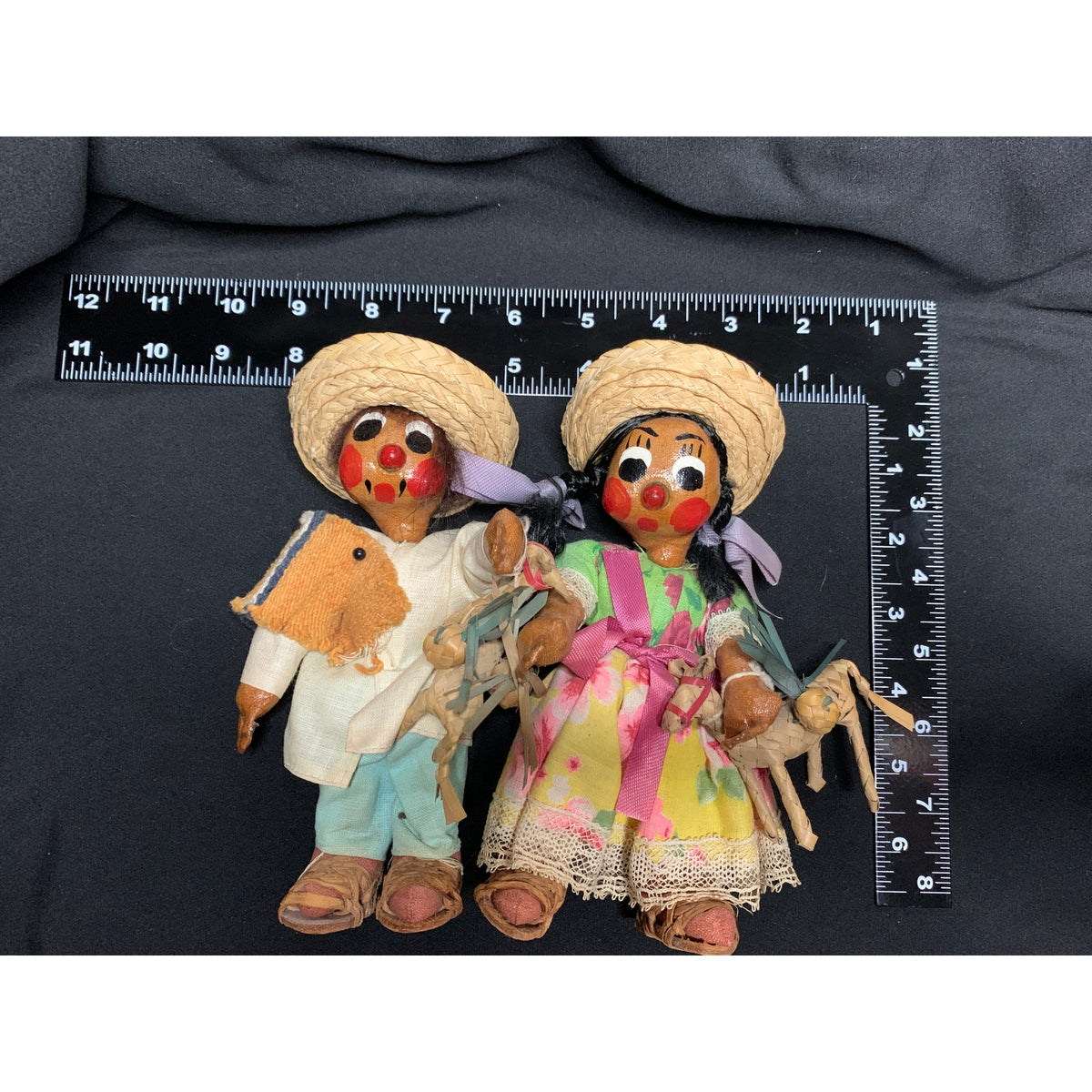Vintage Mexican Folk Art Oilcloth Dolls Pair Straw Hats Animals 1960s 1970s