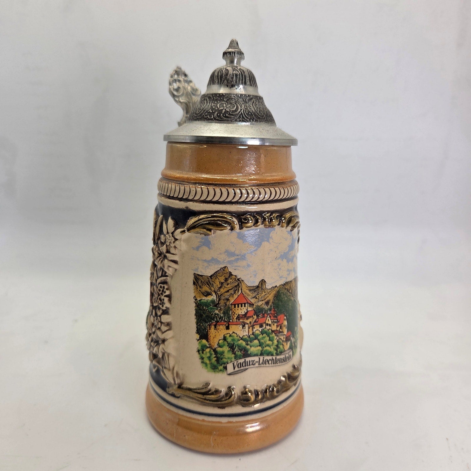 Vintage German Beer Stein Vaduz Liechtenstein Handarbeit Pewter Lid 7”