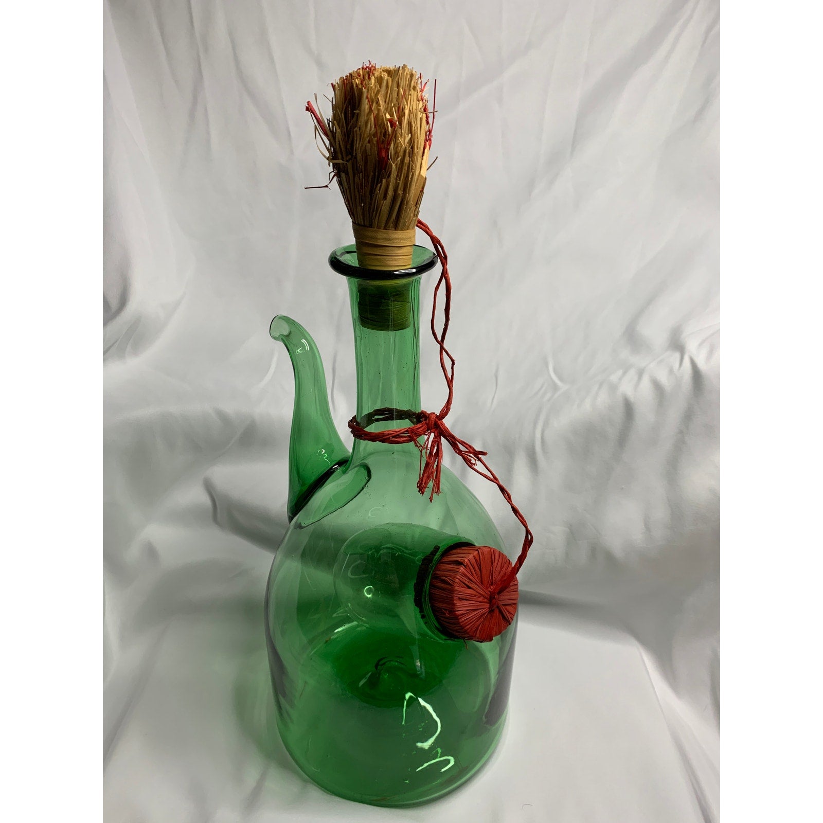 Vintage Italian Style Green Glass Wine Decanter Ice Chamber Raffia Stoppers