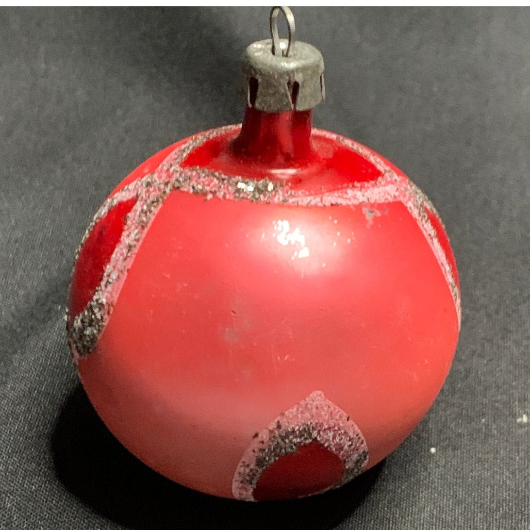 Vintage 1950s 60s Poland Red Glass Christmas Ornament Silver Mica Glitter