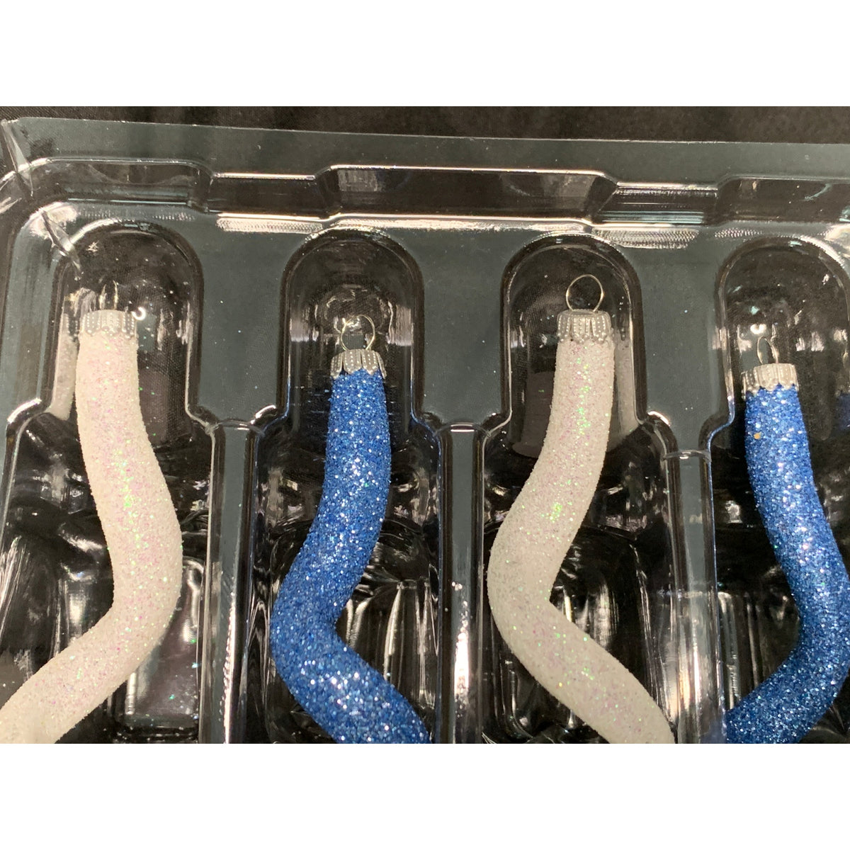 Krebs Blue White Glitter Spiral Glass Christmas Ornaments Set of 4 Boxed