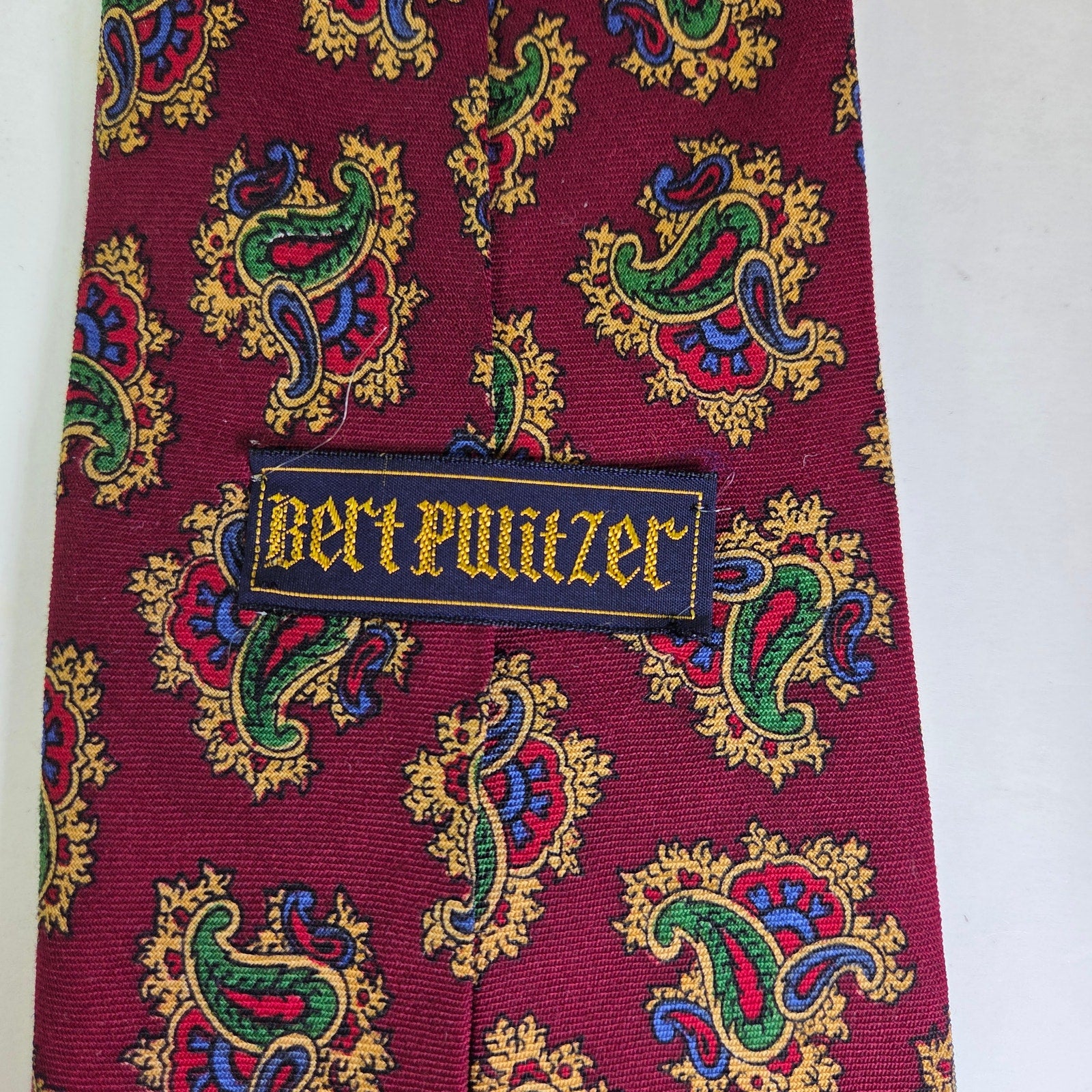 Vintage Bert Pulitzer Paisley Tie Maroon Gold Green 4.5" Wide Made USA