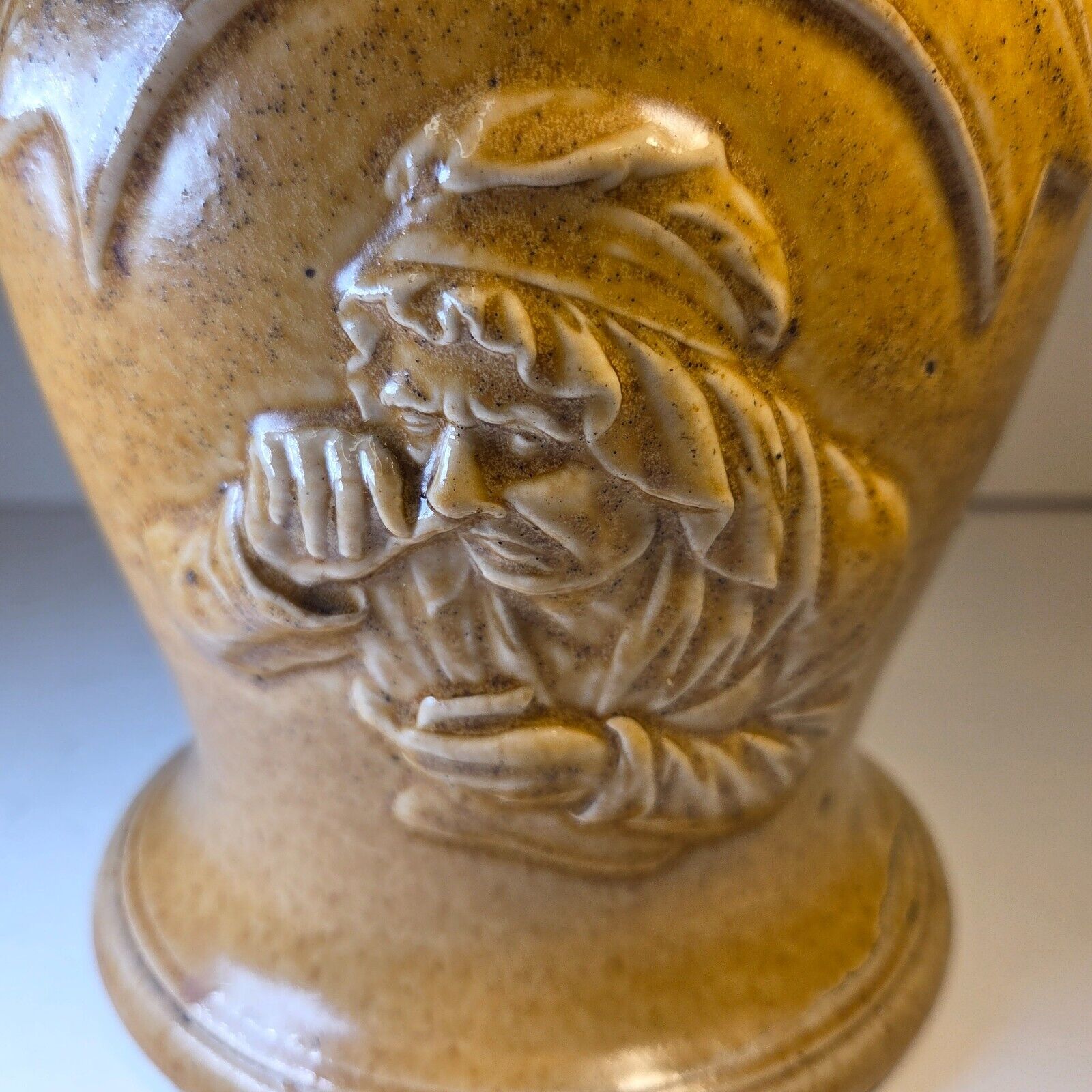 Antique Stoneware Snuff Jar 7.5" Relief Man Sniffing #2 No Lid Pre-1930