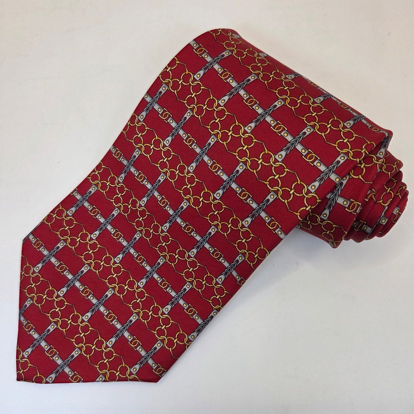 Paolo Gucci Red Silk Chain Link Equestrian Tie Made Italy Vintage 4in Wide