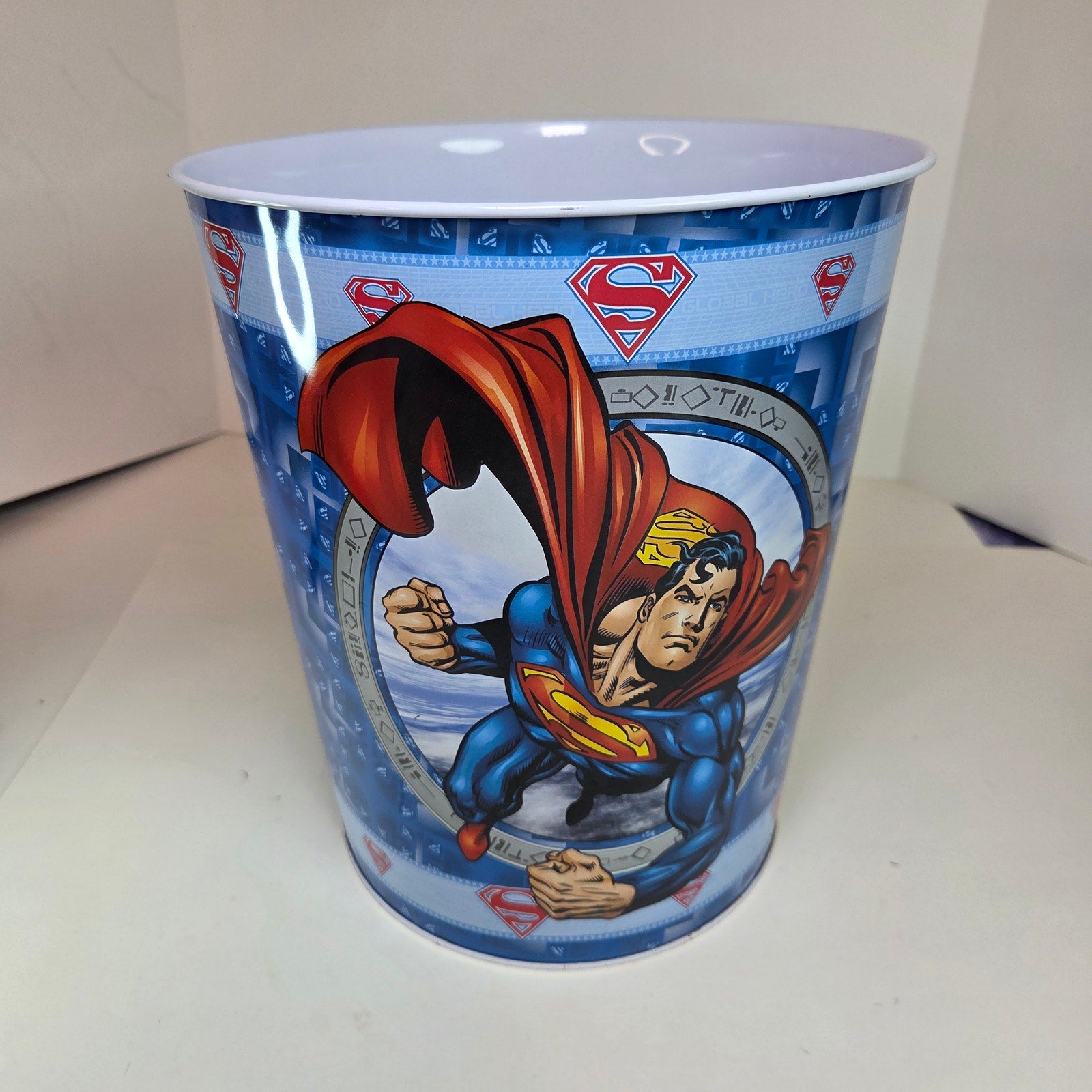 Superman Tin Wastebasket Trash Can DC Comics The Tin Box Co Blue Vintage Style