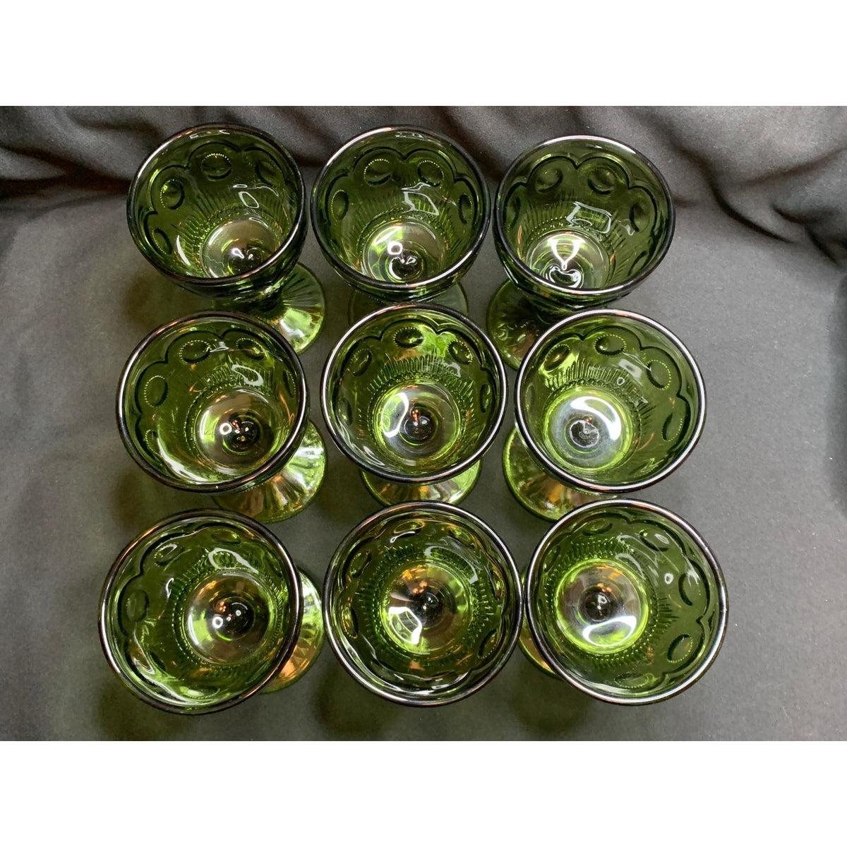 Olive Green Pressed Glass Wine Goblets Ball Stem Rayed Foot Set of 9
