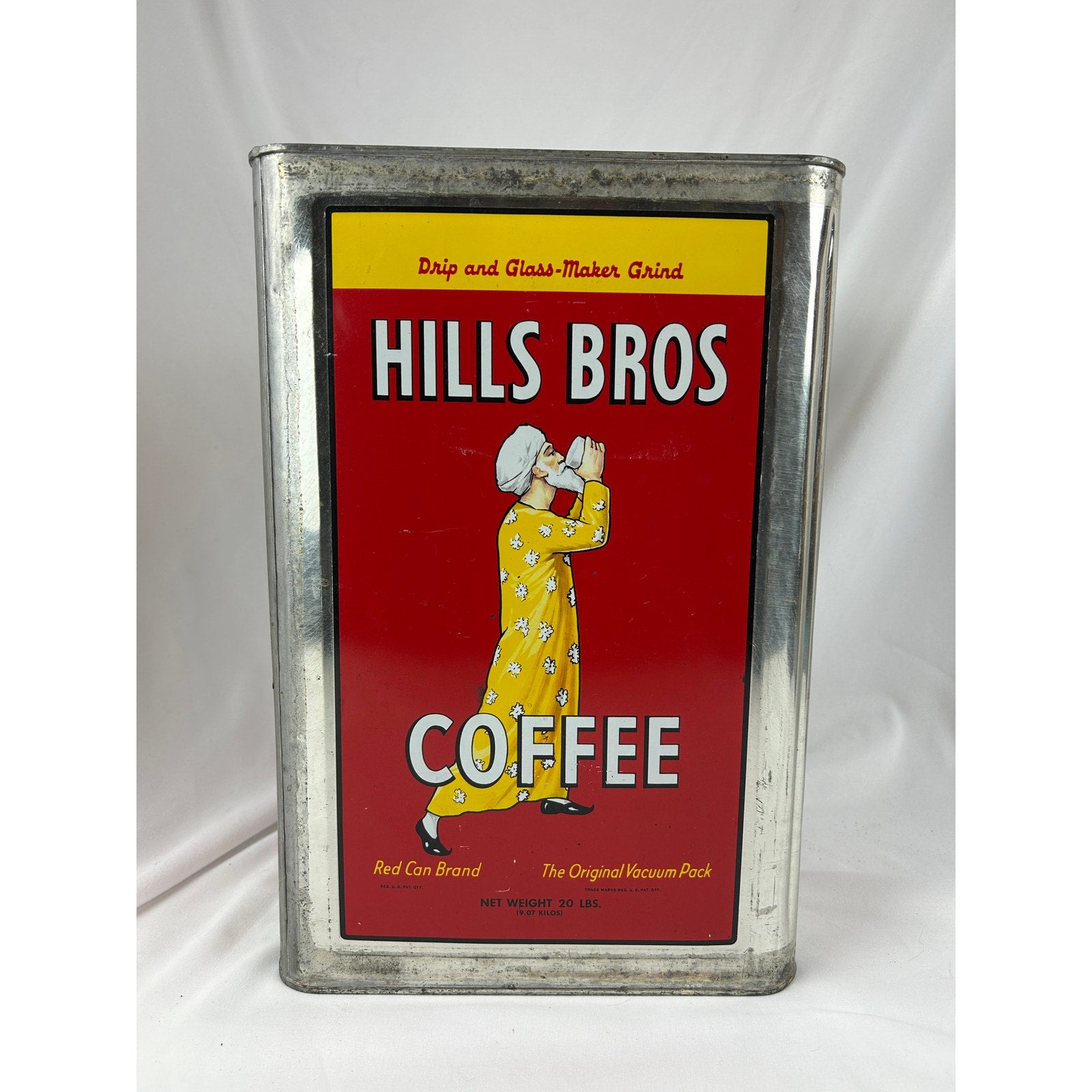 Vintage Hills Bros Coffee Red & Yellow Metal Container Tin, 20 lb