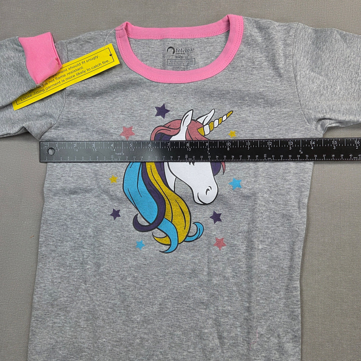 Bebebear Girls Size 10 Unicorn Pajama Set Gray Pink Cotton Snug Fit 2 Piece