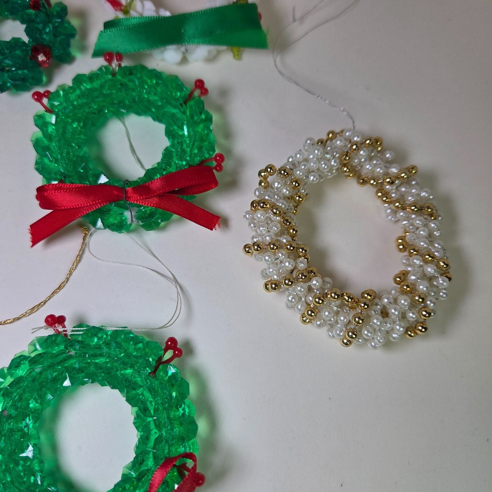 Vintage Handmade Beaded Christmas Ornaments Lot – Wreaths, Birds, More