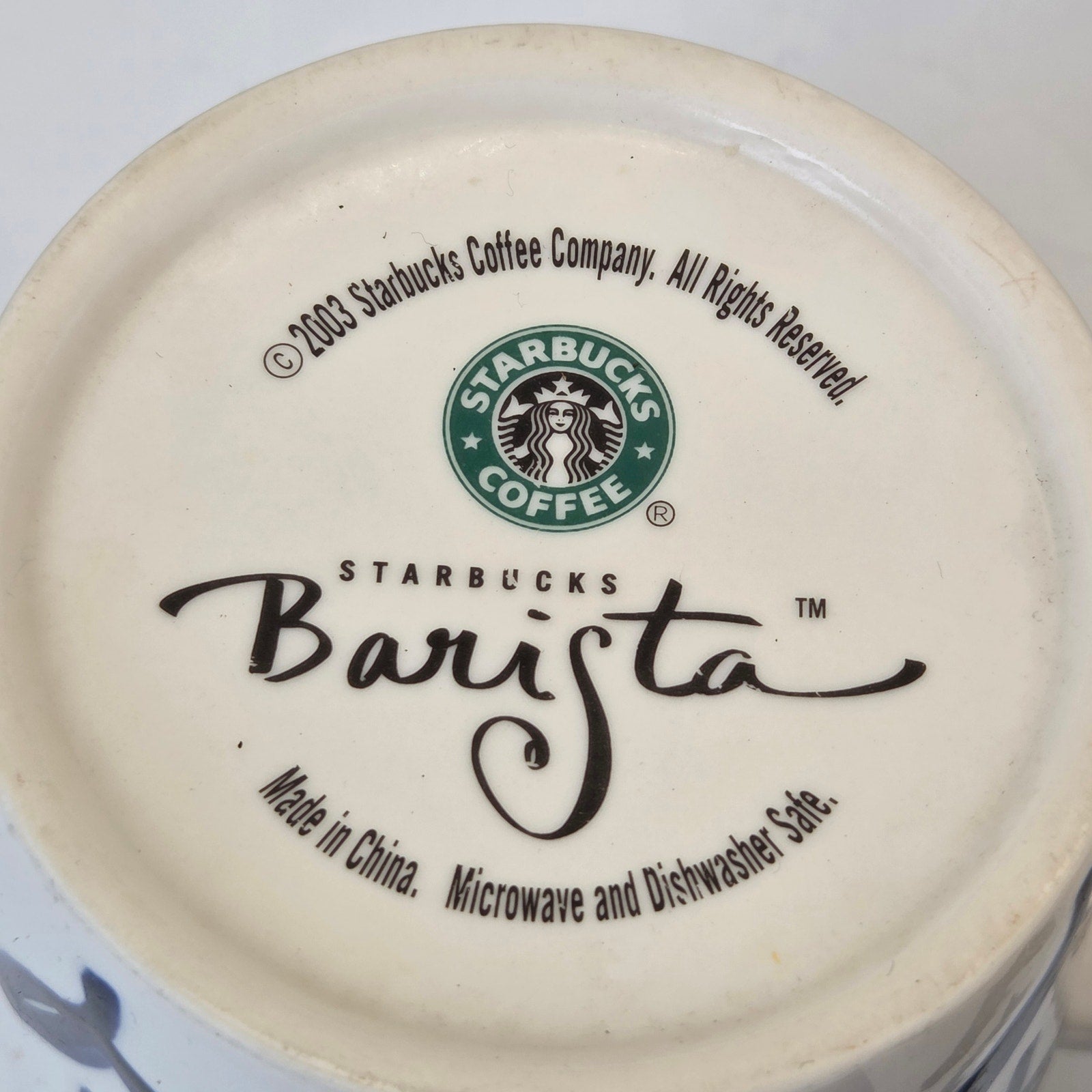 Starbucks 2003 Barista Blue Heart Pattern Ceramic Coffee Mugs Pair Set Rare