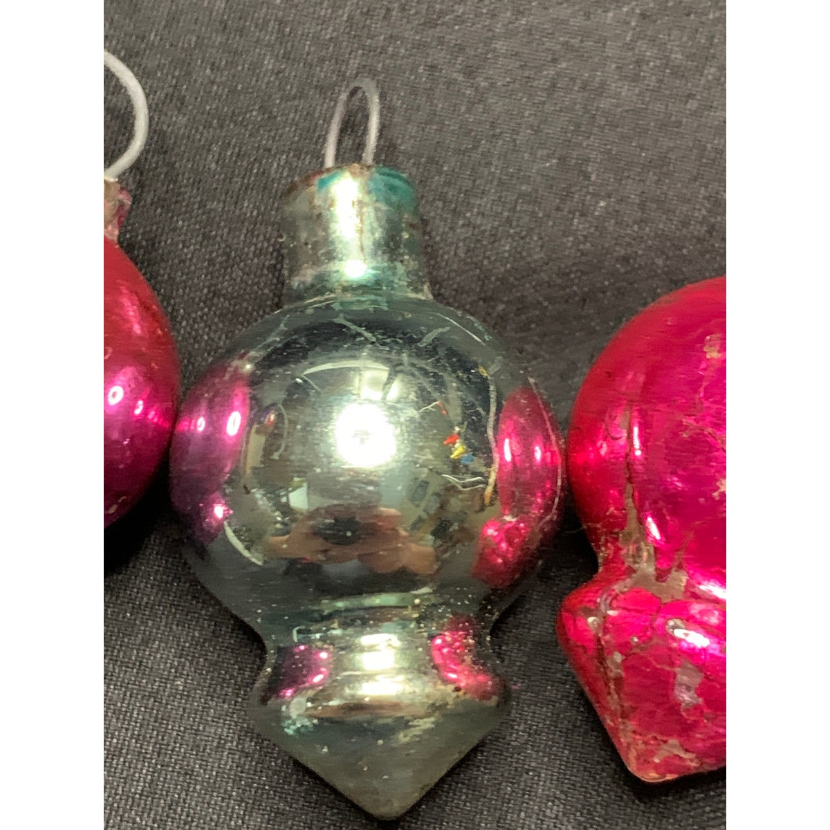 Vintage Glass Christmas Ornaments Lot 3 Double Finial Pink Silver Antique
